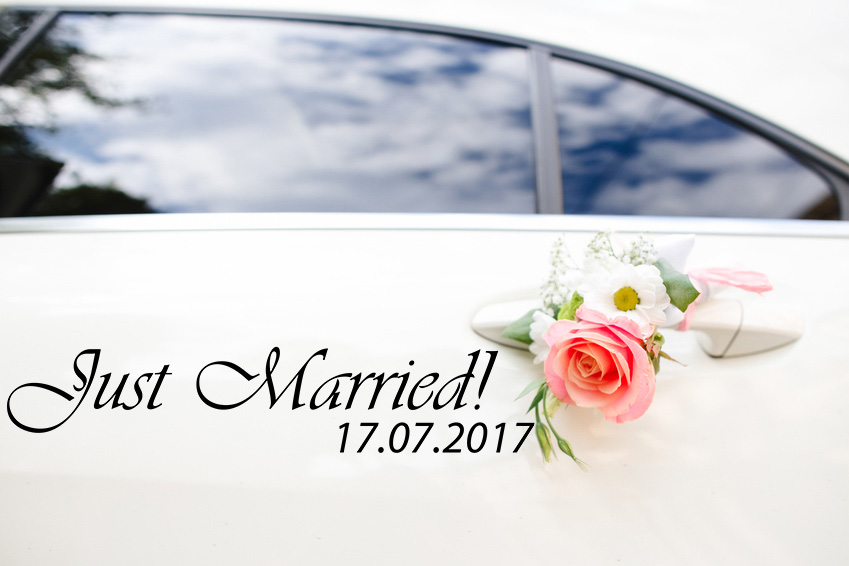 Aufkleber Hochzeit Auto Just Married! mit Datum