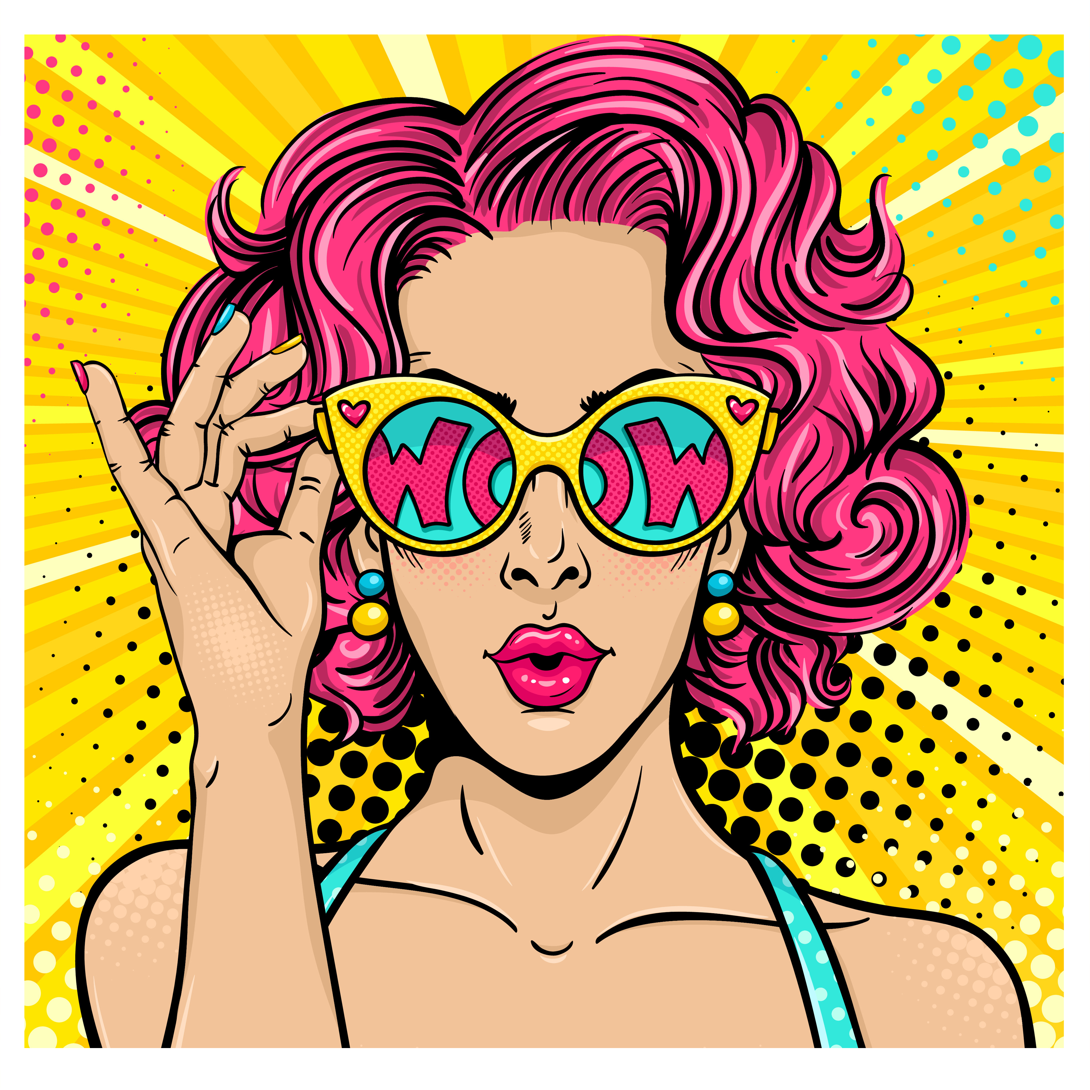 Wandbild Quadratisch Titel: Girl mit Sonnenbrille - Pop Art Wanddeko Alu Dibond Leinwand Acrylglas Holzbalken Butlerfinish Poster