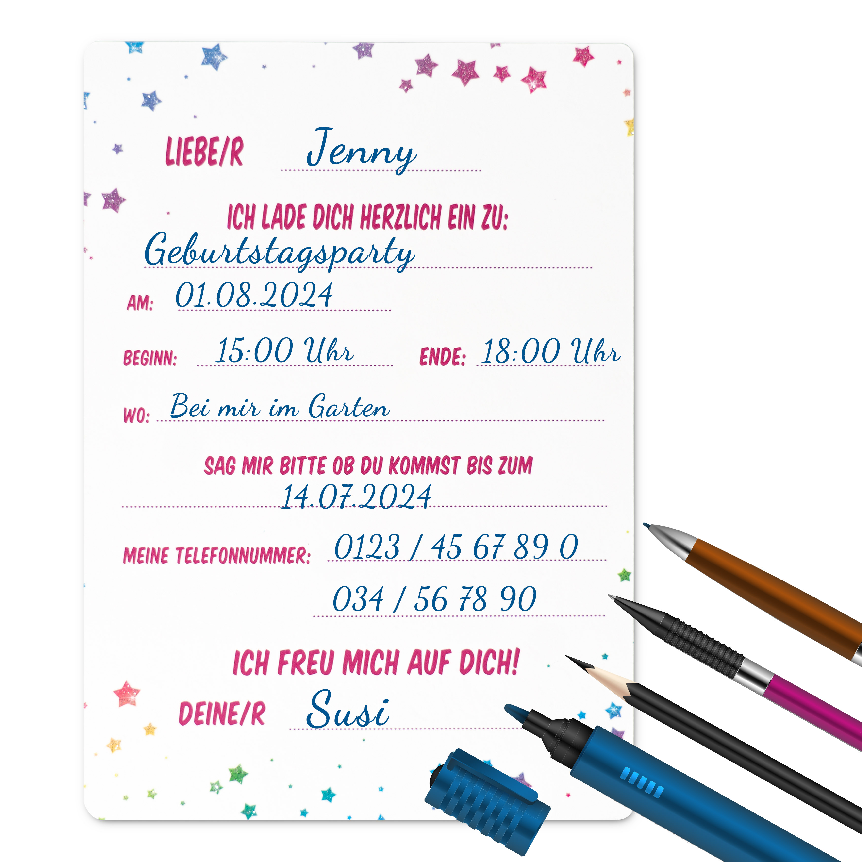 Glitzer Einhorn Einladungskarten für Kindergeburtstag, Party, Einschulung mit oder ohne umschlag für Mädchen oder Jungen Kinder zum Geburtstag oder Kinderparty 