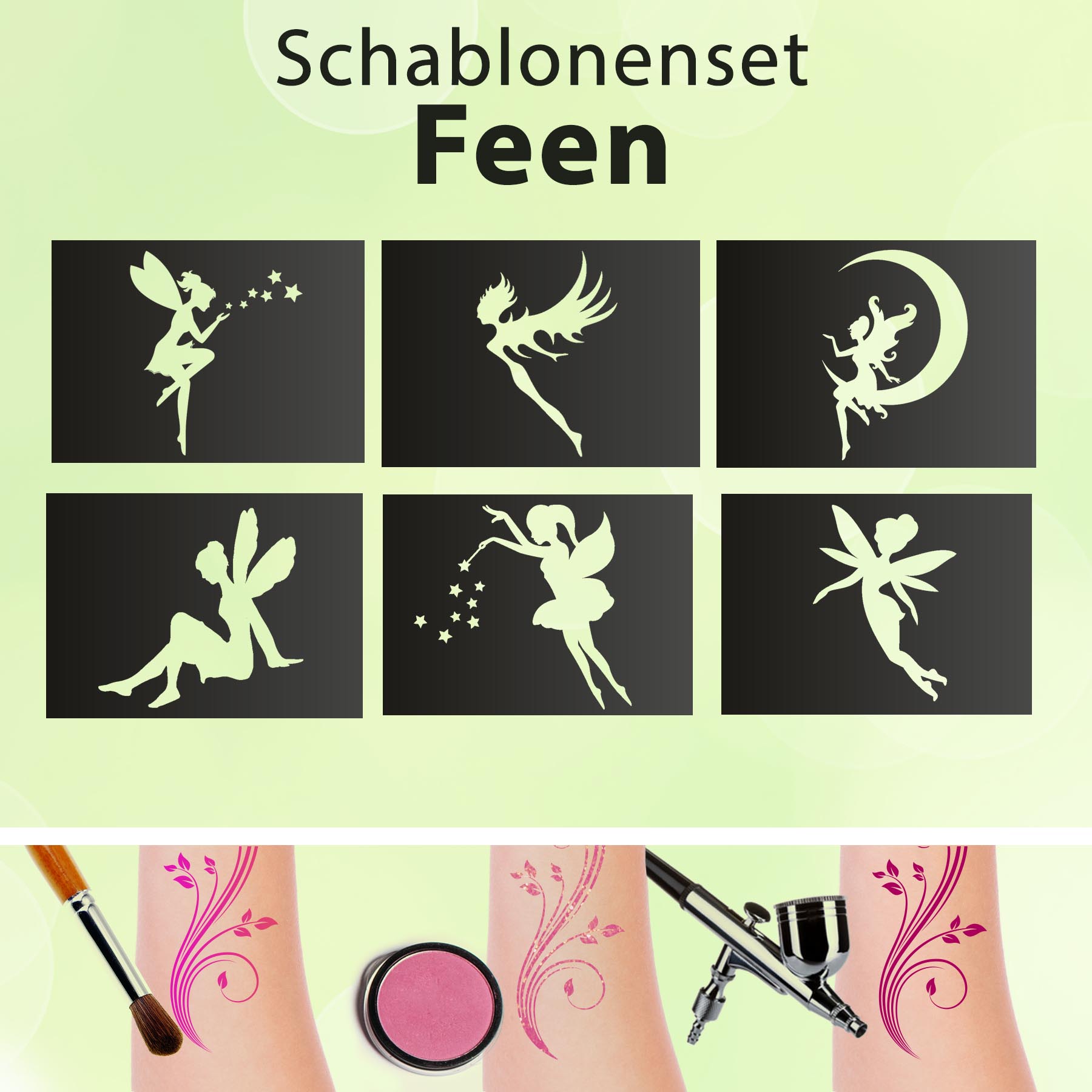 Tattoo Schablonen SET Kinder Feen 6 Schablonen Glitzertattoos Selbstklebend Airbrush Fee