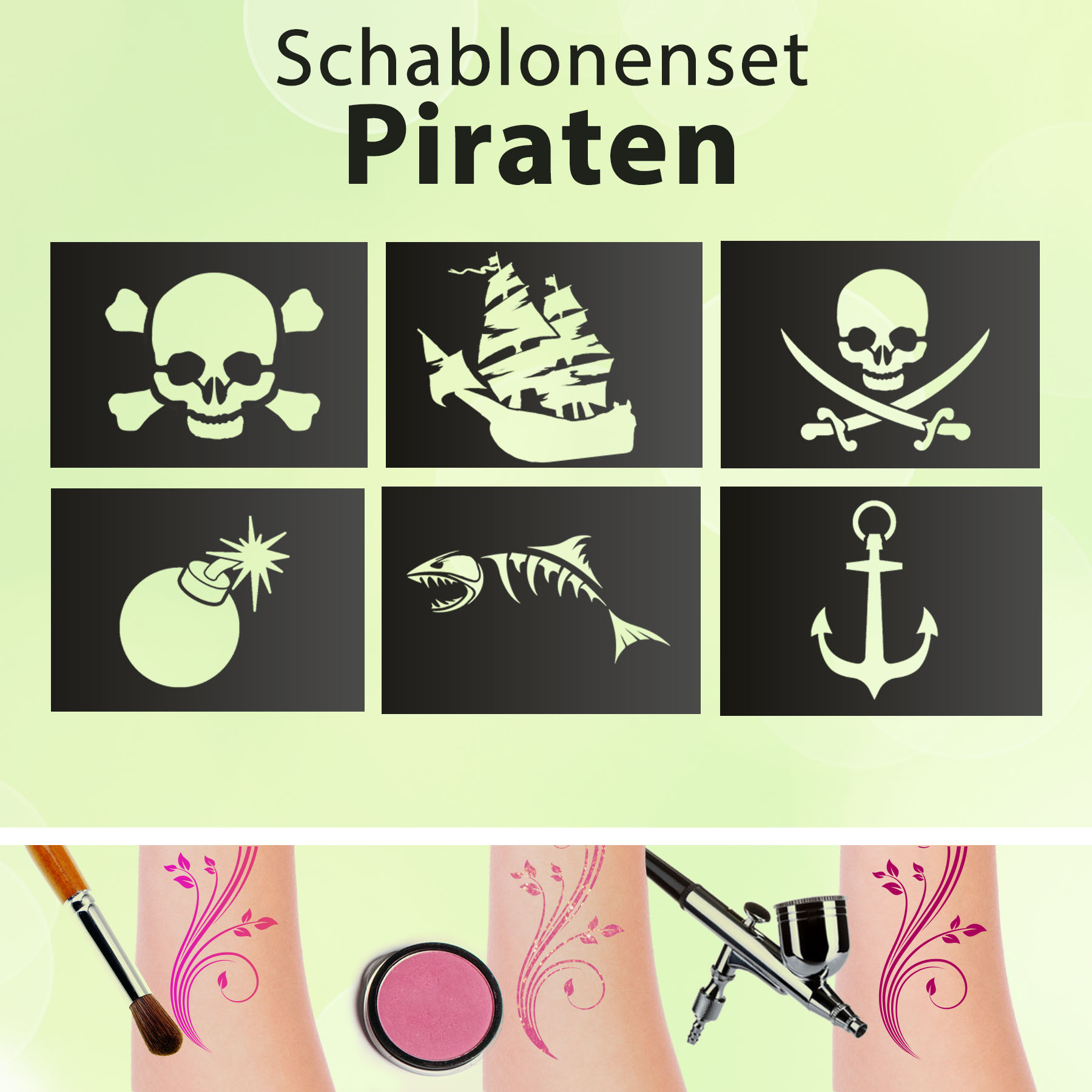 Tattoo Schablonen SET Kinder PIRATEN 6 Schablonen Glitzertattoos Selbstklebend Totenkopf Anker