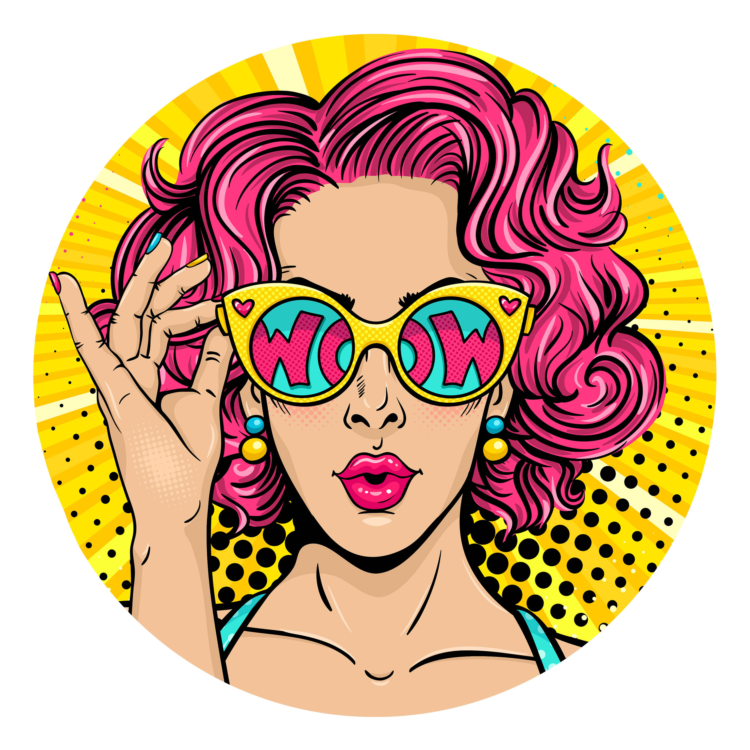 Wandbild Rund Titel: Girl mit Sonnenbrille - Pop Art Wanddeko Alu Dibond oder Butlerfinish 