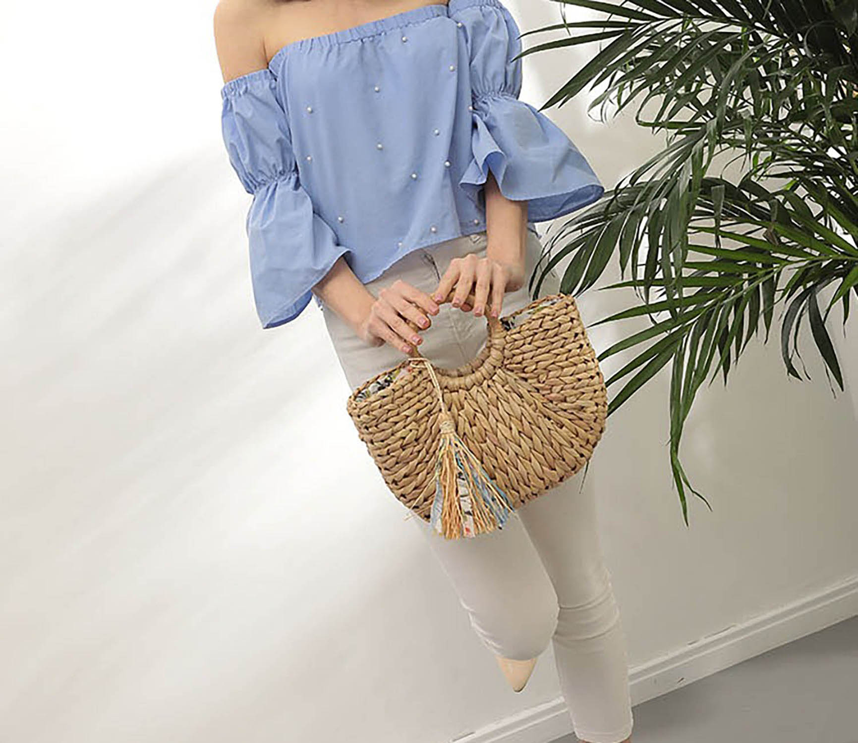 Handtasche Strandtasche Shopper Korbtasche geflochten Halbrund gewebt mit praktischem Zugband