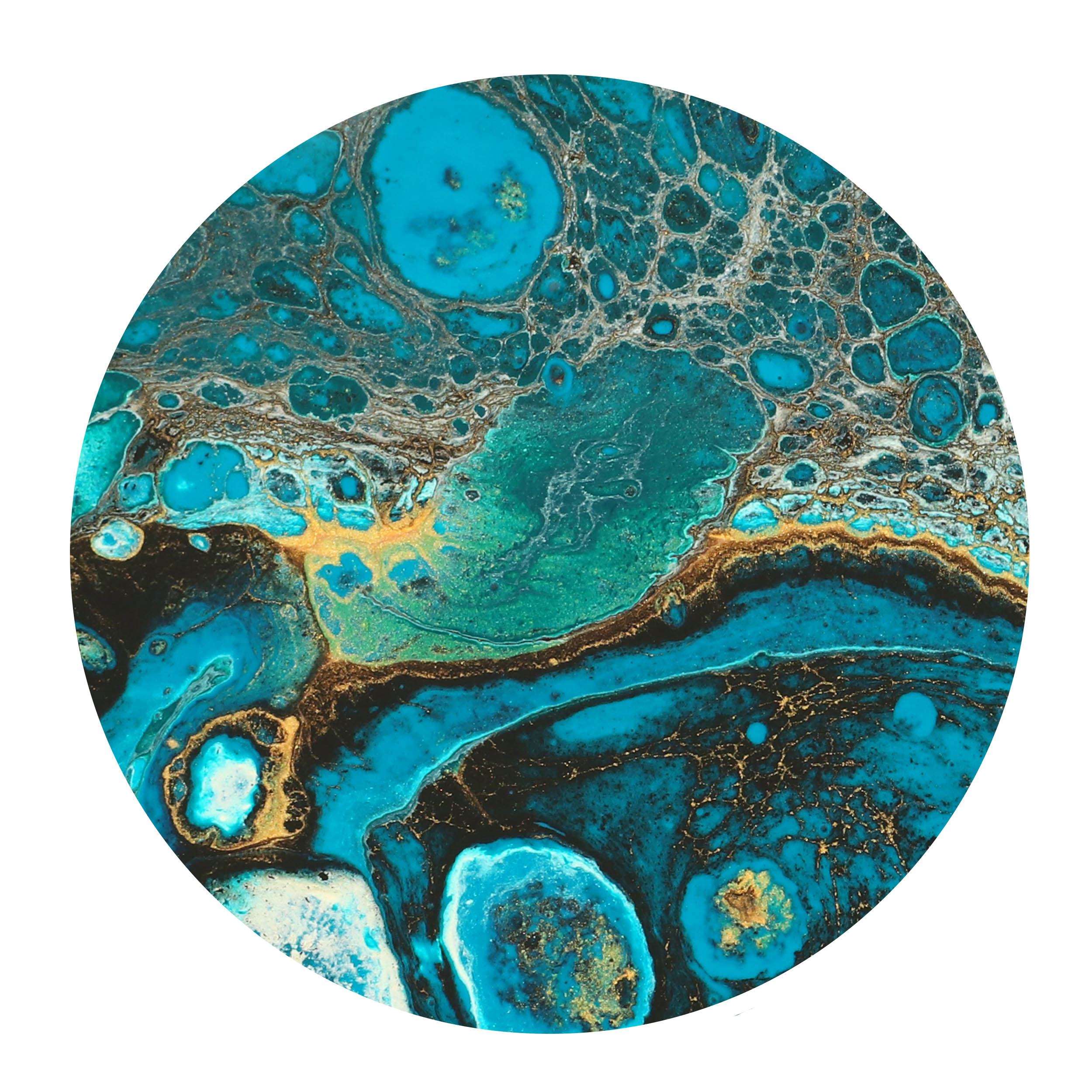 Wandbild Wandbilder Rund Titel: Abstrakt Gold Türkis Liquid Struktur - Bild Wanddeko für Wohnzimmer auf Alu Dibond oder Butler Finish