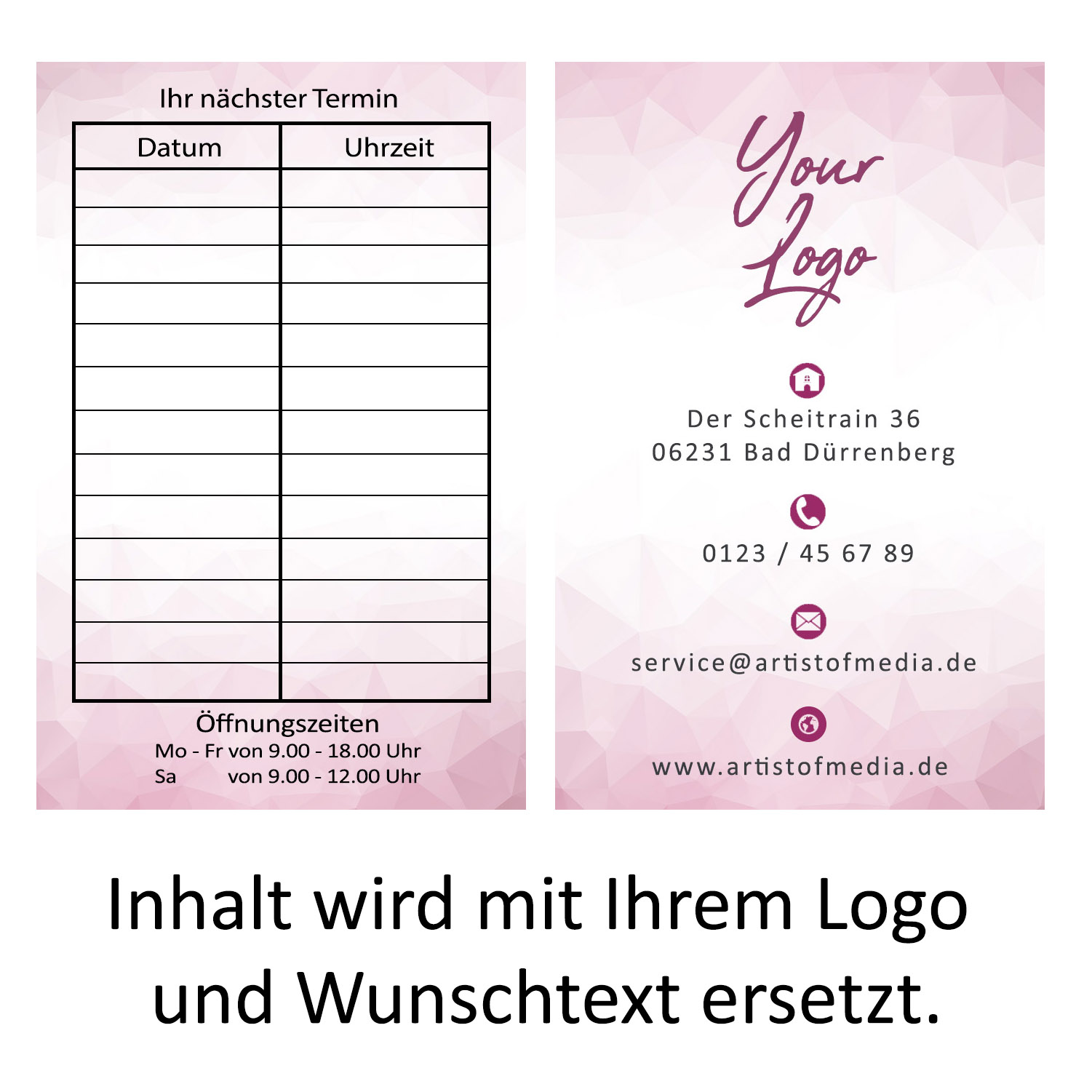 Visitenkarten individuell Fertiges Design Pink+Ihr Inhalt Bestellkärtchen Termin 350g/qm 85 x 55mm