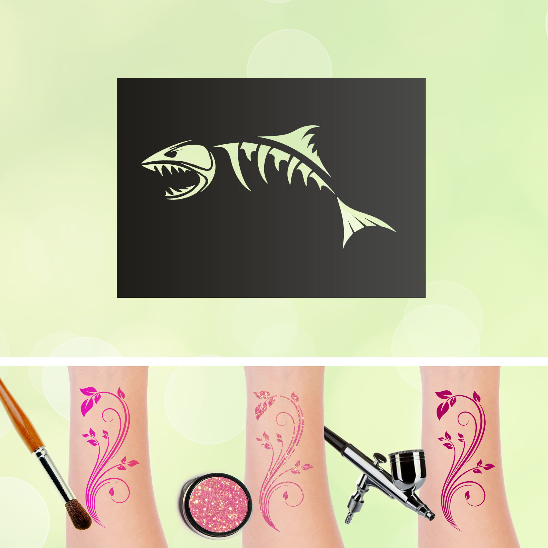 Tattoo Schablone Fischgräte Glitzertattoos Selbstklebend Kinder Schminken Airbrush Piraten