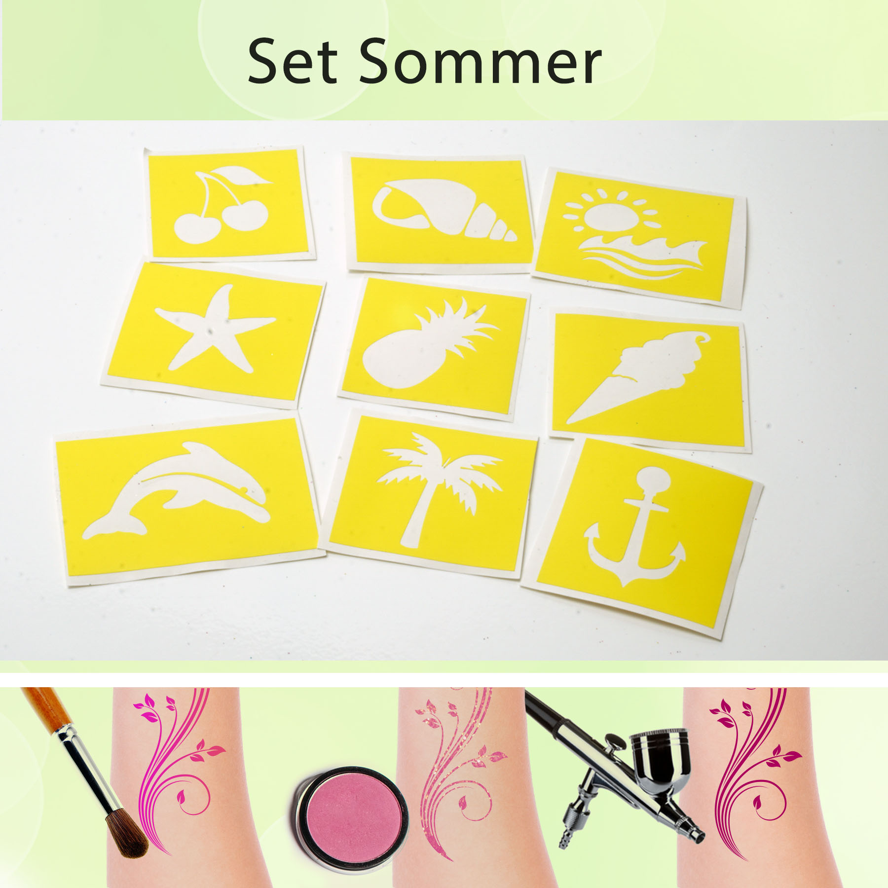 Tattoo Schablonen Sommer Set (9 Stück) Selbstklebend Kinderschminken Airbrush