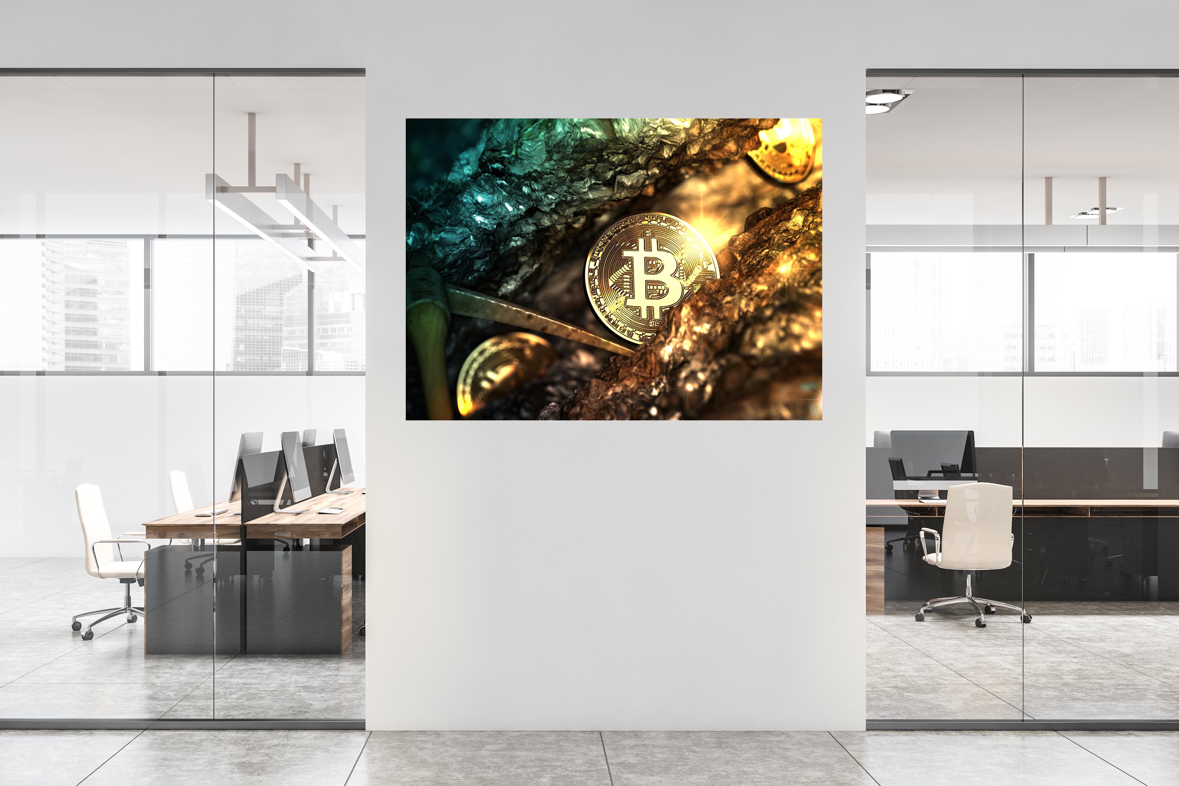 Wandbild Querformat Titel: Bitcoin mining btc krypto Wanddeko Alu Dibond Leinwand Acrylglas Holzbalken Butlerfinish Poster