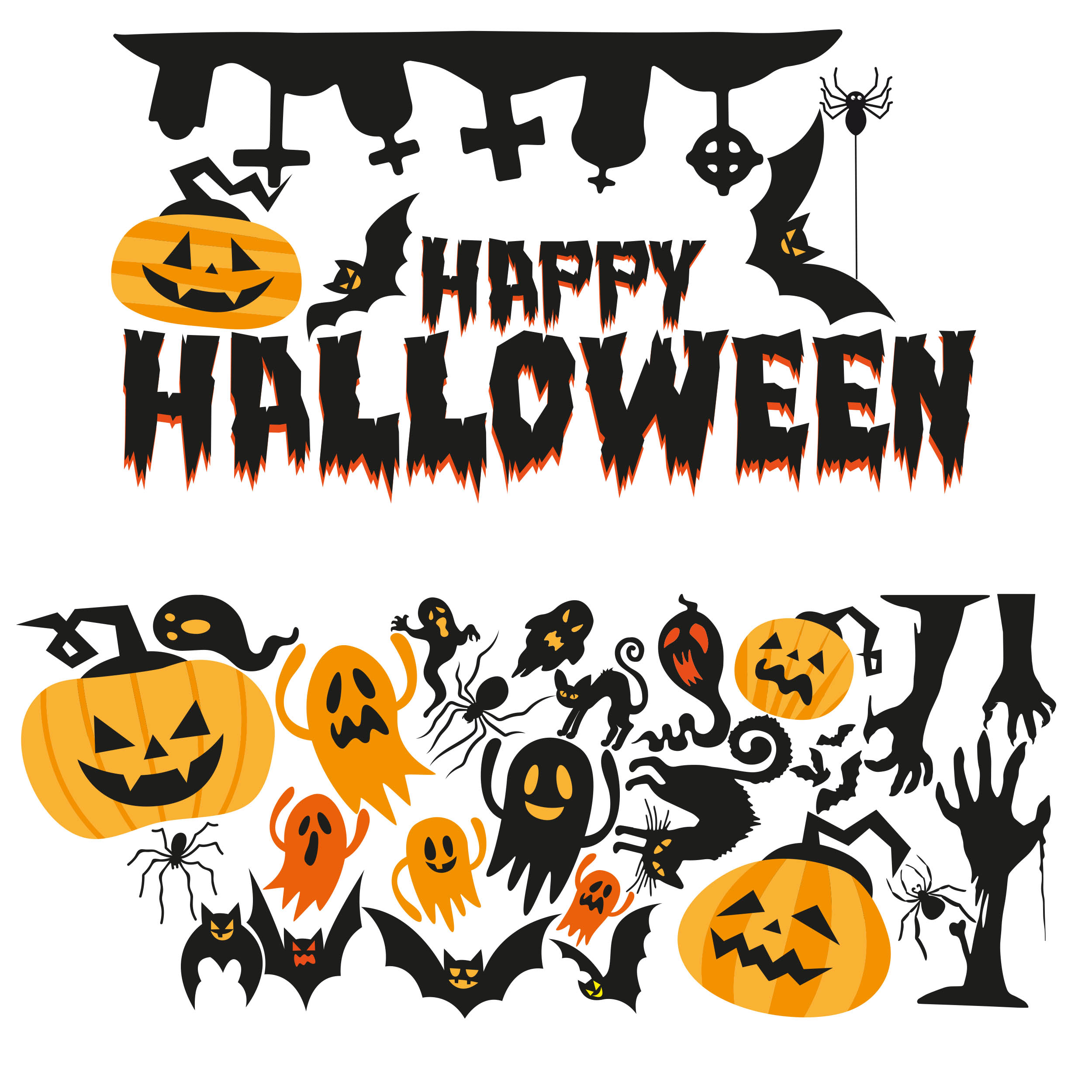 Aufkleber Halloween Set Groß für Fenster Schaufenster Dekoration Gruselig Kürbis Spinne Fledermaus Gespenst