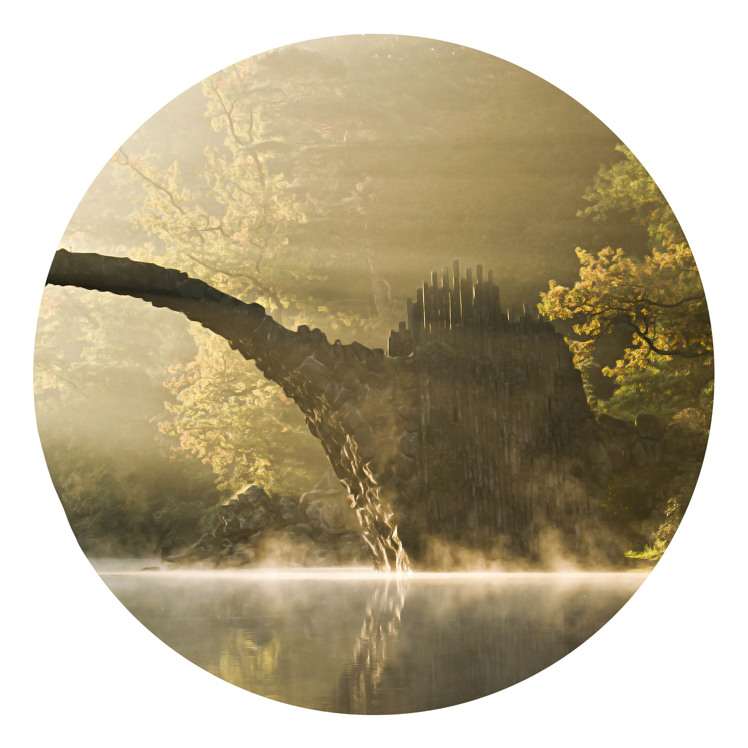 Wandbild Rund Titel: Grüne Brücke mystische Landschaft - Bild Wanddeko Alu Dibond oder Butlerfinish