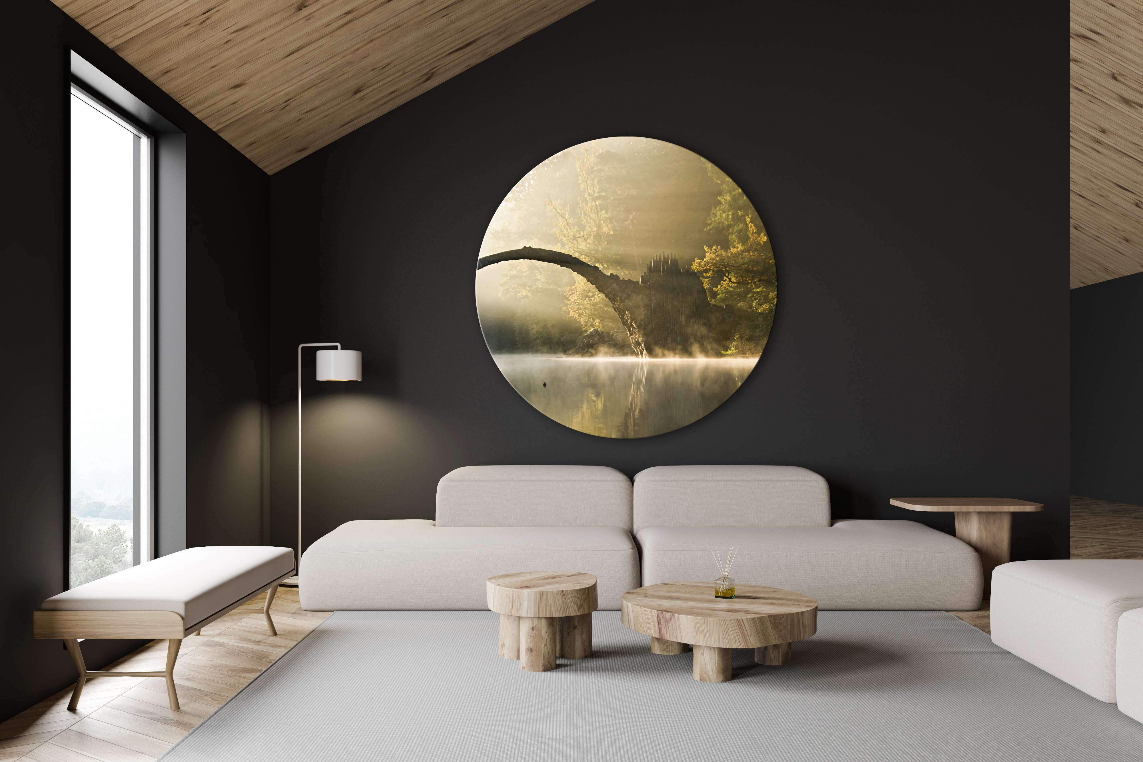 Wandbild Rund Titel: Grüne Brücke mystische Landschaft - Bild Wanddeko Alu Dibond oder Butlerfinish