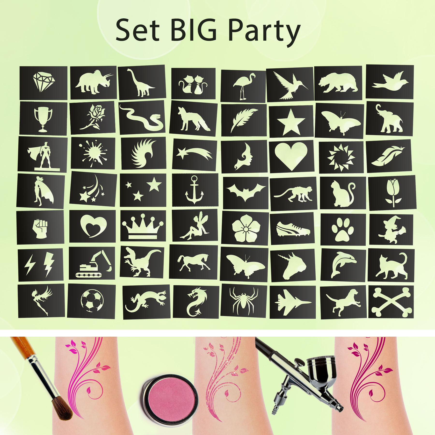 Tattoo Schablonen SET BIG Party (56 Stück) Selbstklebend Kinderschminken Airbrush