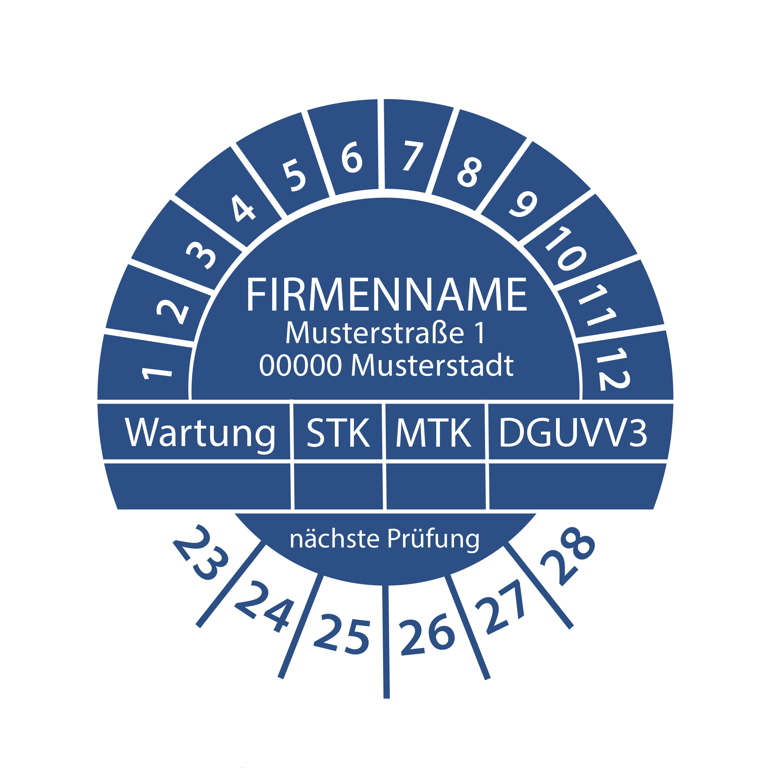 Prüfplakette mit Firmenname - Wartung STK MTK DGUVV3  nächste Prüfung 2023-2028 Ø 30mm Rund Gelb / Blau