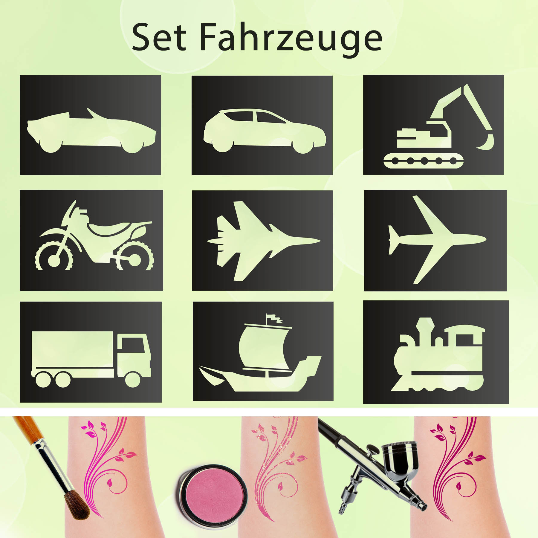 Tattoo Schablonen SET Fahrzeuge (9 Stück) Selbstklebend Kinderschminken Airbrush