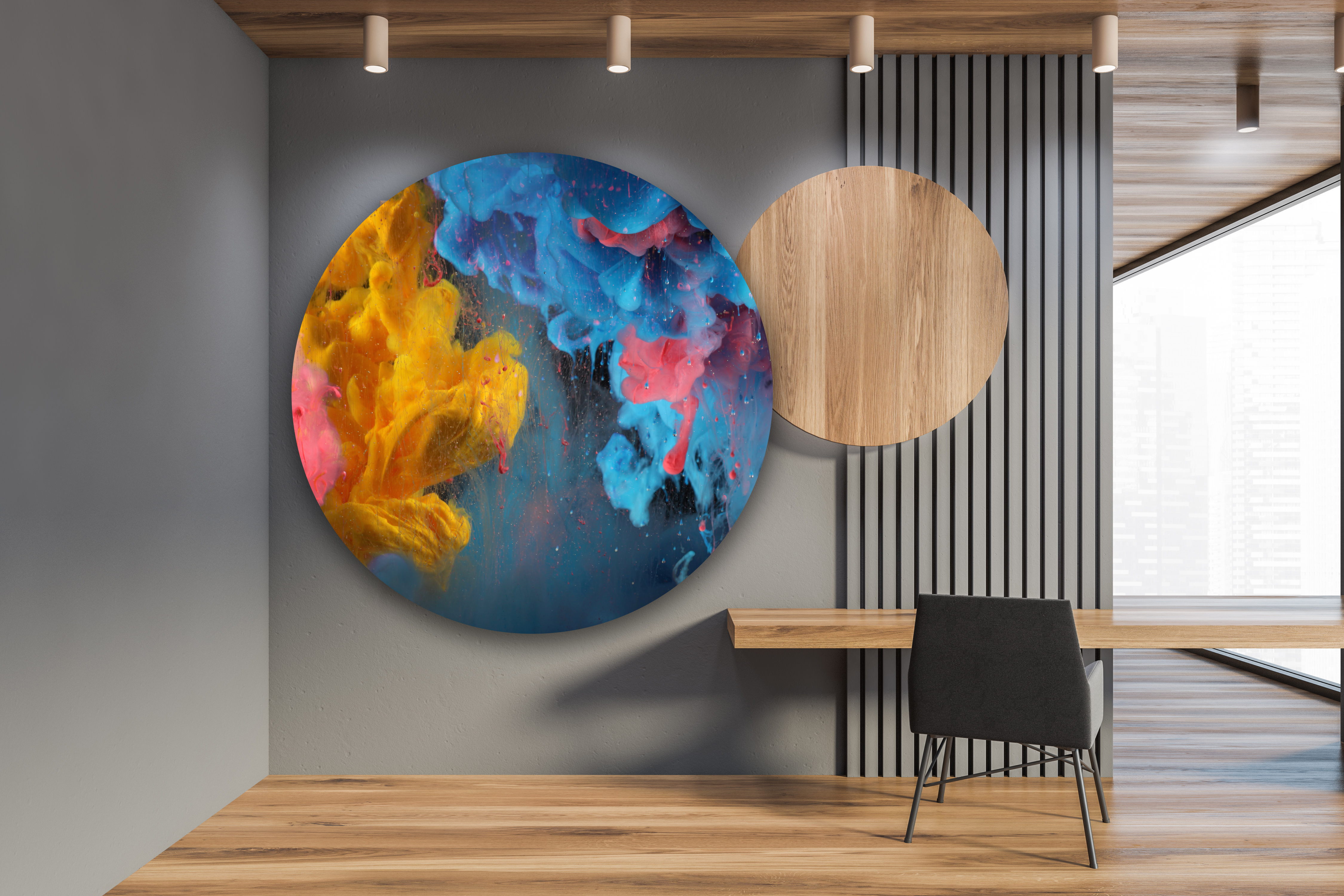 Wandbild Rund Titel: Abstrakt Farben blau gelb Wasser- Bild Wanddeko Alu Dibond oder Butlerfinish 