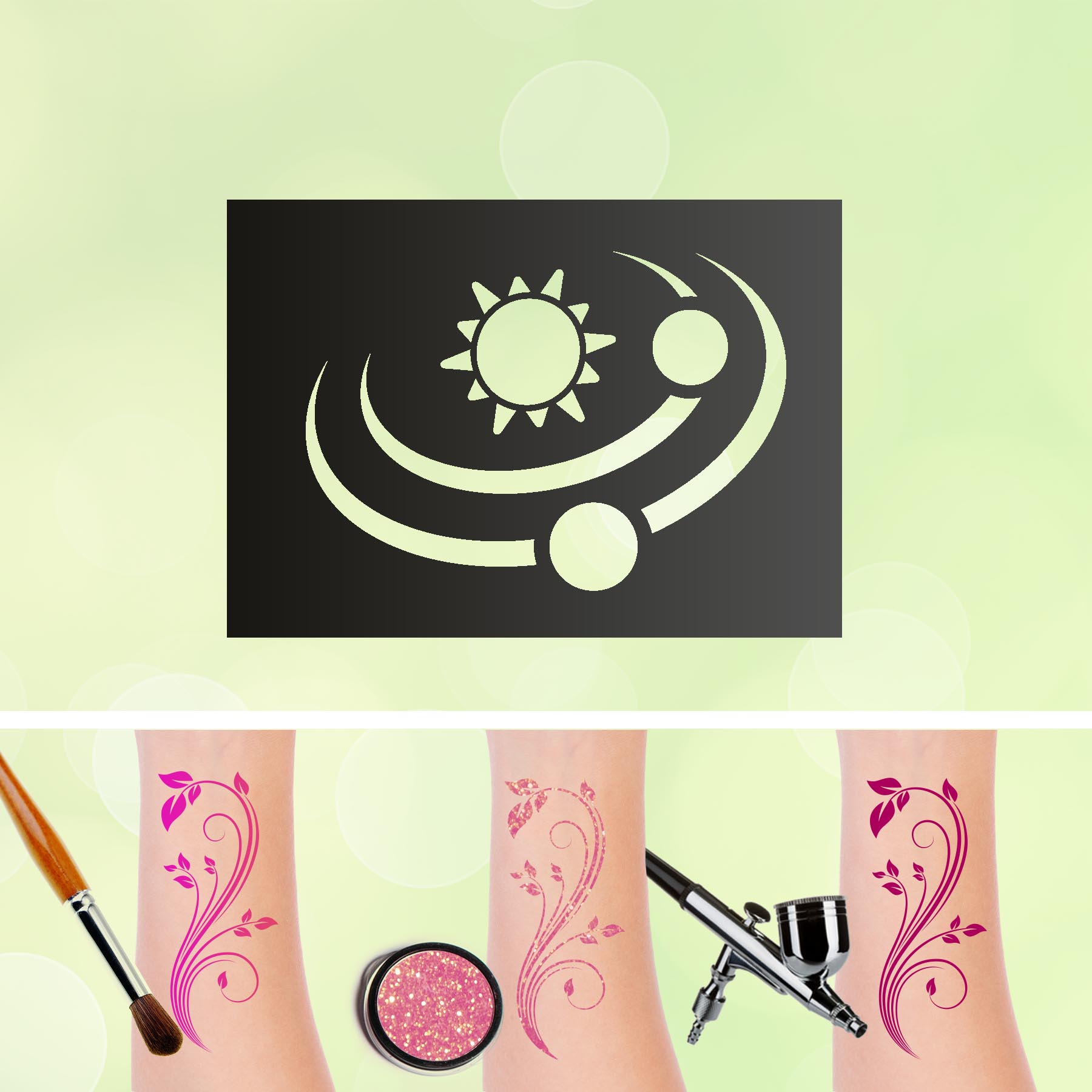 Tattoo Schablone Sonnensystem Sonne Sterne Selbstklebend Kinder Schminken Airbrush Weltraum Planeten
