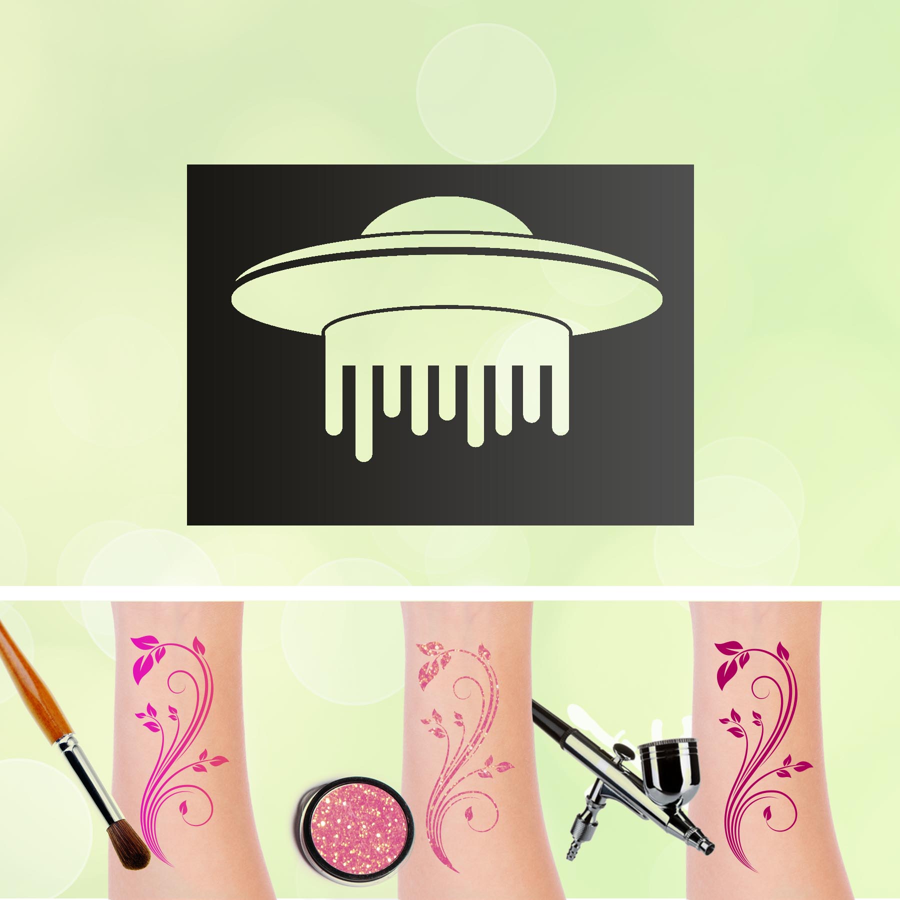 Tattoo Schablone UFO Raumschiff Selbstklebend Kinder Schminken Airbrush Weltraum Universum