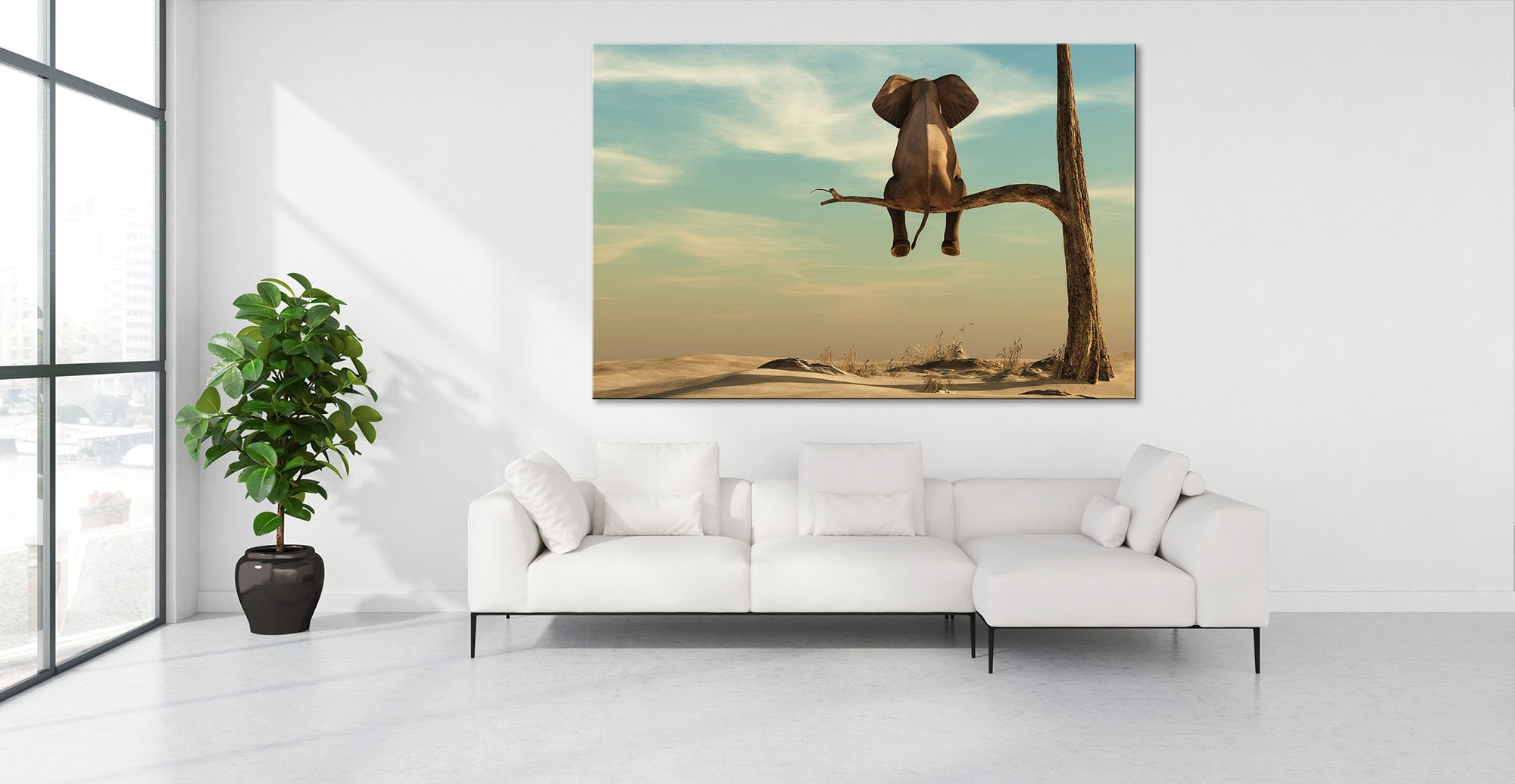 Wandbild Querformat Titel: Elefant Baum Wüste Lustig- Bild Wanddeko Alu Dibond Leinwand Acrylglas Holzbalken Butlerfinish Poster