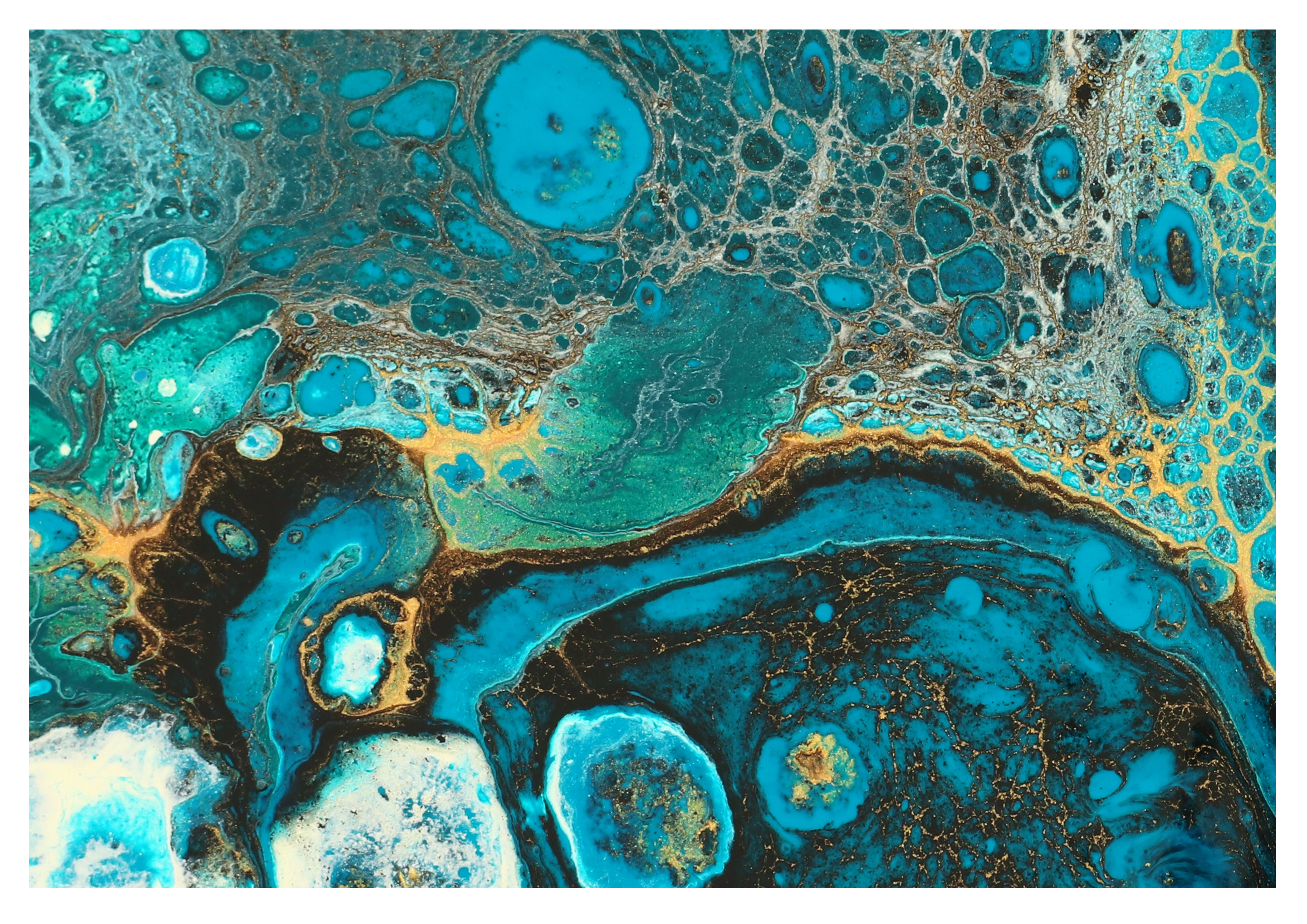 Wandbild Wandbilder Querformat Titel: Abstrakt gold türkis Liquid Struktur - Bild für Wohnzimmer auf Alu Dibond Leinwand Acrylglas Holzbalken Butlerfinish Poster