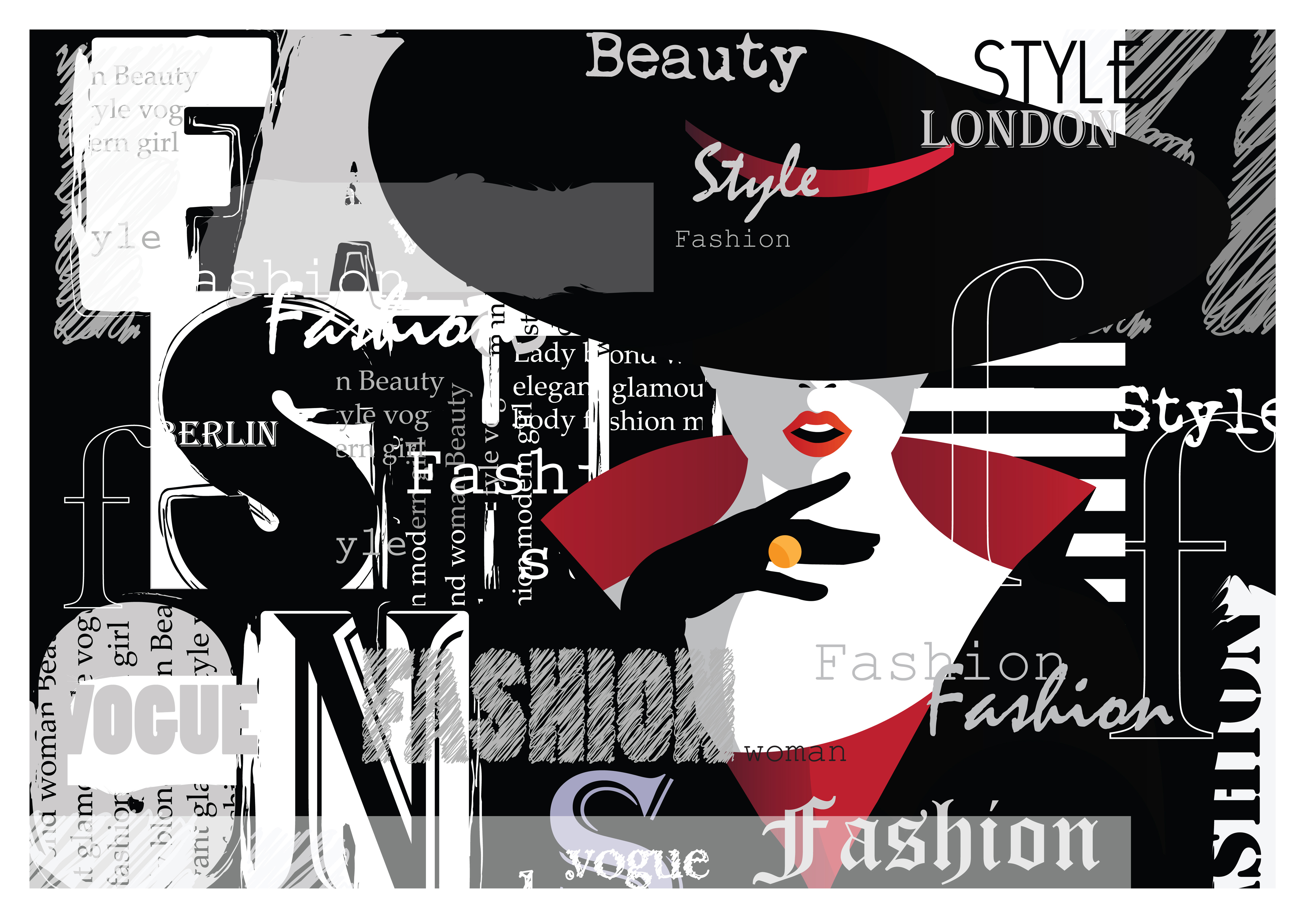 Wandbild Querformat Titel: Lady Hut Mode Art Typo - Bild Wanddeko Alu Dibond Leinwand Acrylglas Holzbalken Butlerfinish Poster 