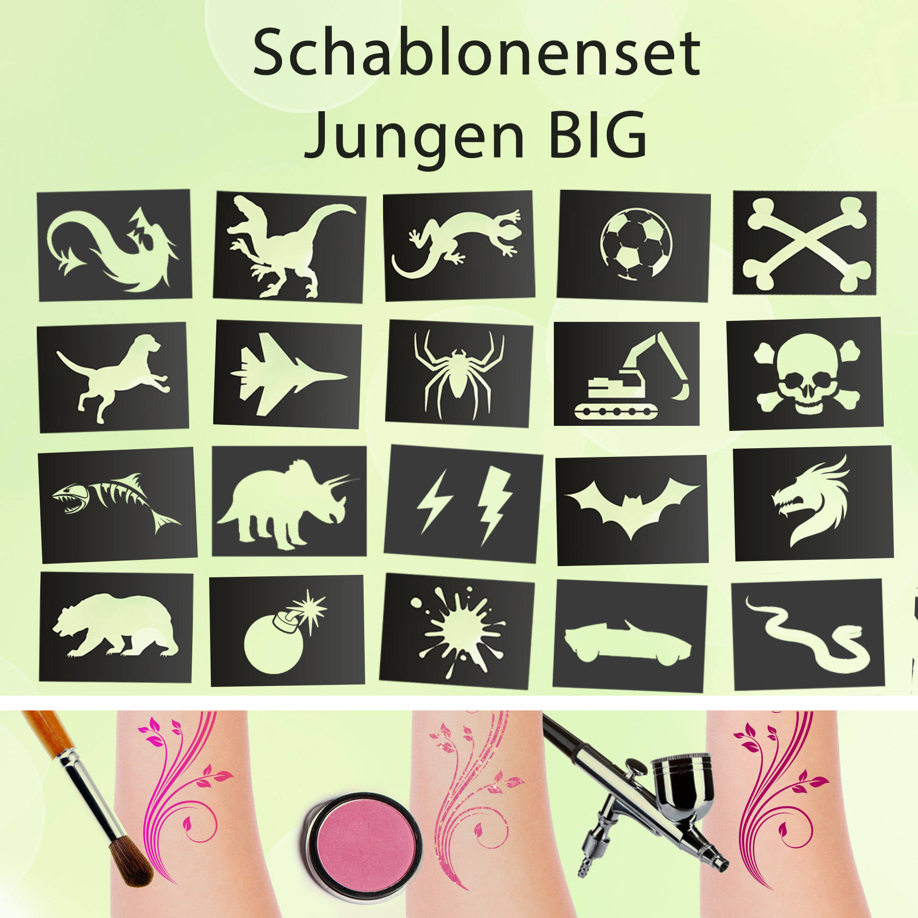 Tattoo Schablonen Set Junge BIG Kinder 20 Stück Selbstklebend Kinderschminken Airbrush