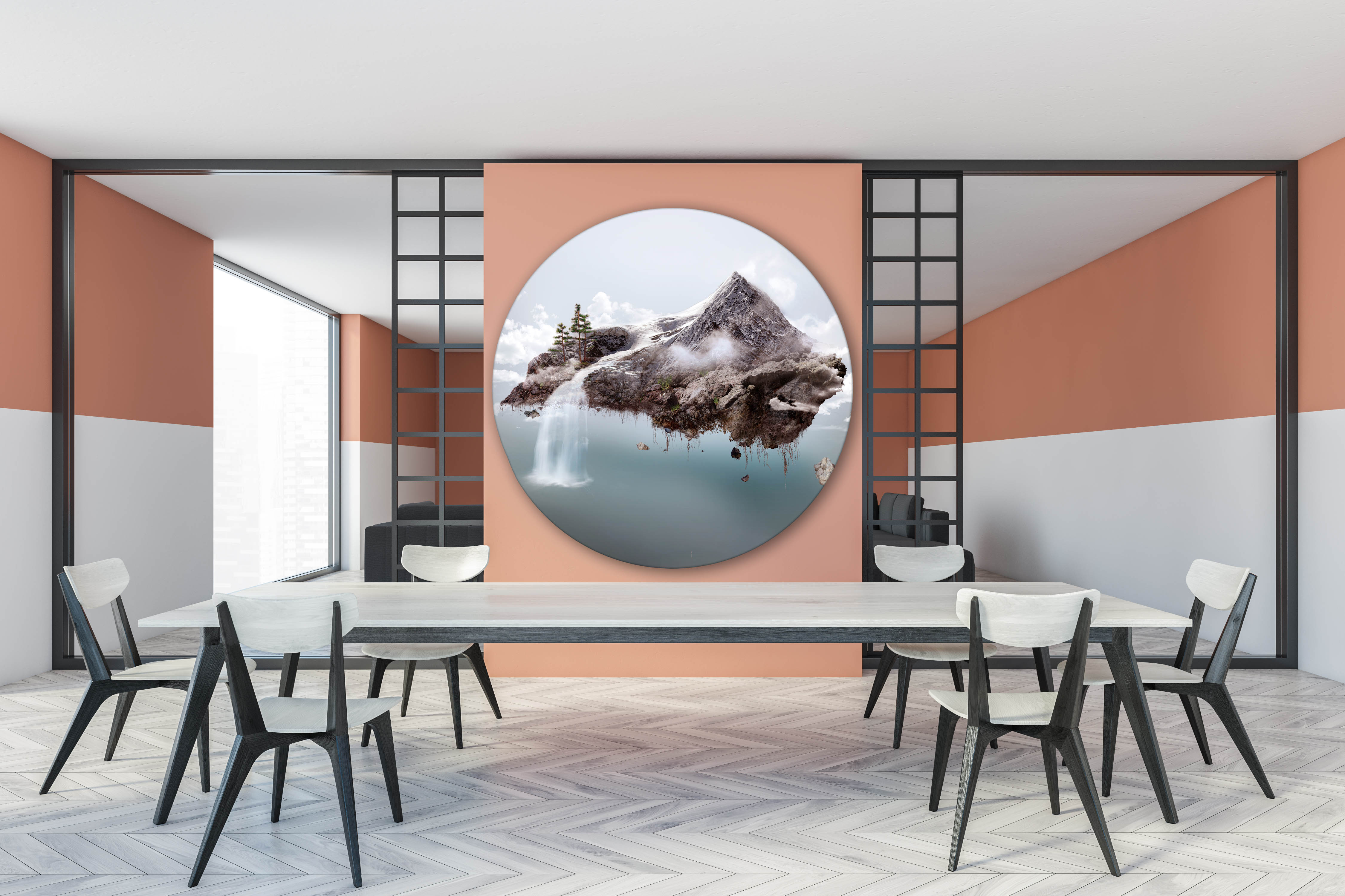 Wandbild Rund Titel: Fliegende Berge Fantasy Landschaft - Bild Wanddeko Alu Dibond oder Butlerfinish 