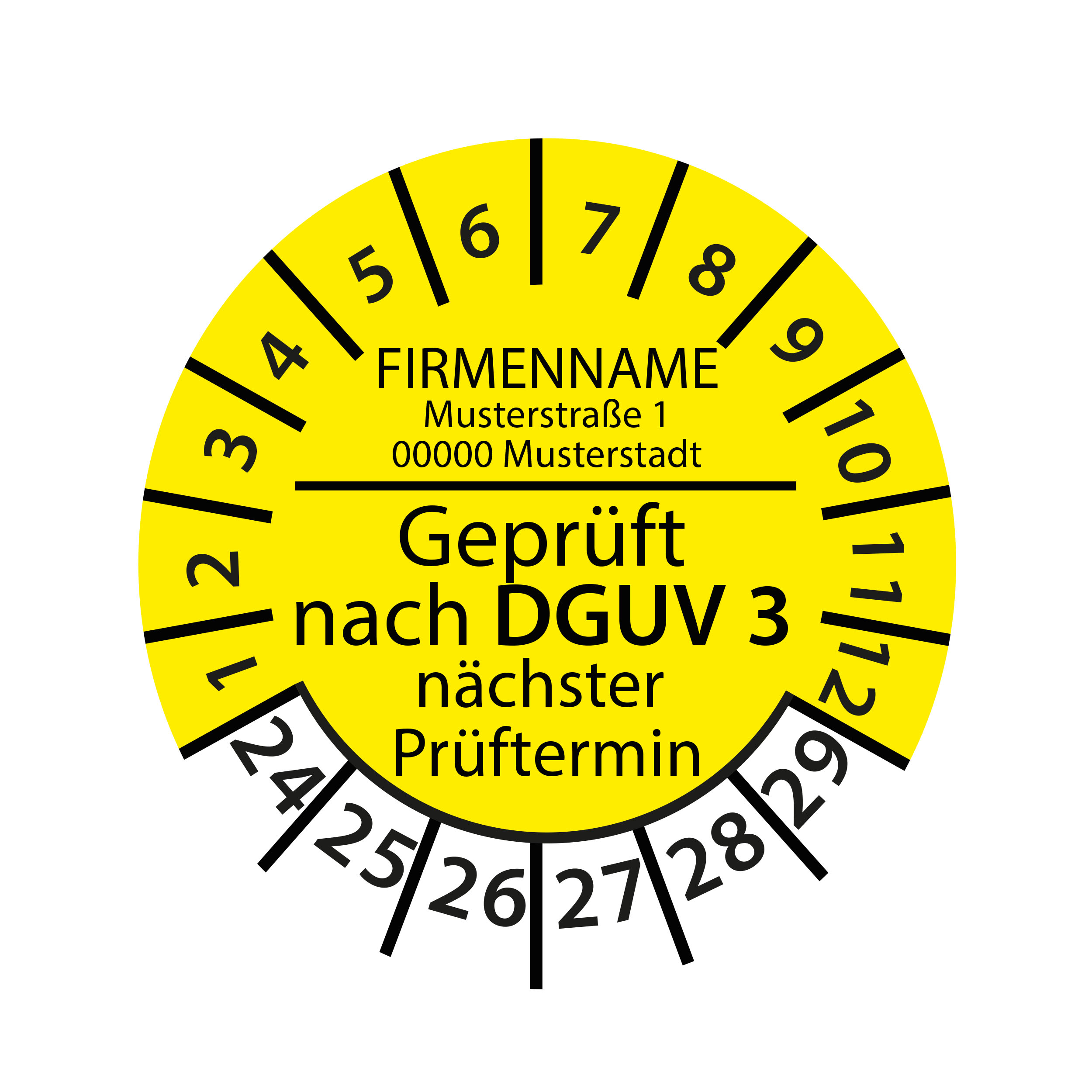 Prüfplakette mit Firmenname - geprüft nach DGUV Vorschrift 3 nächster Prüftermin 2024-2029 Ø 30mm Rund Gelb / Blau