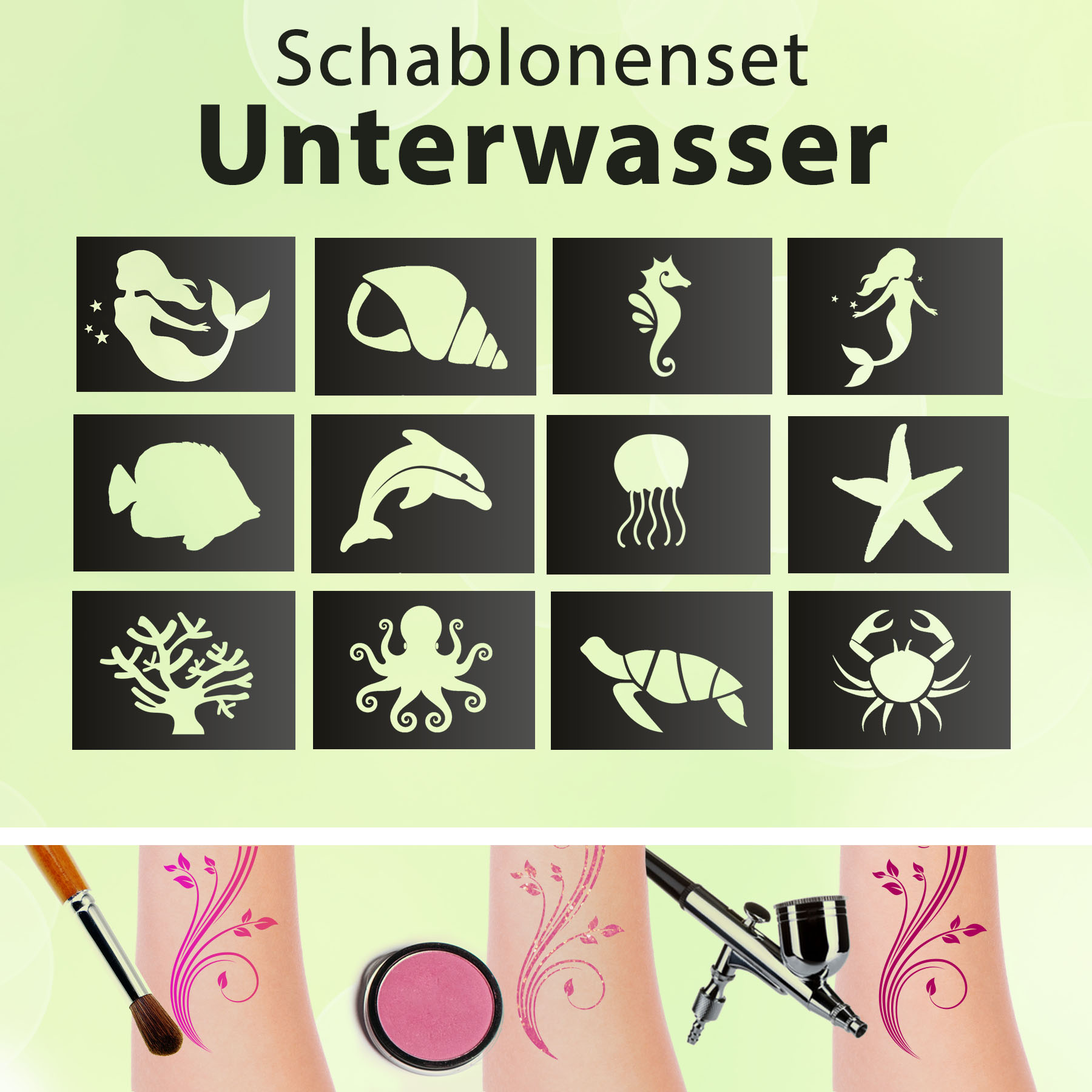 Tattoo Schablonen SET Kinder Unterwasser 12 Schablonen Selbstklebend schminken Meer Meerjungfrau