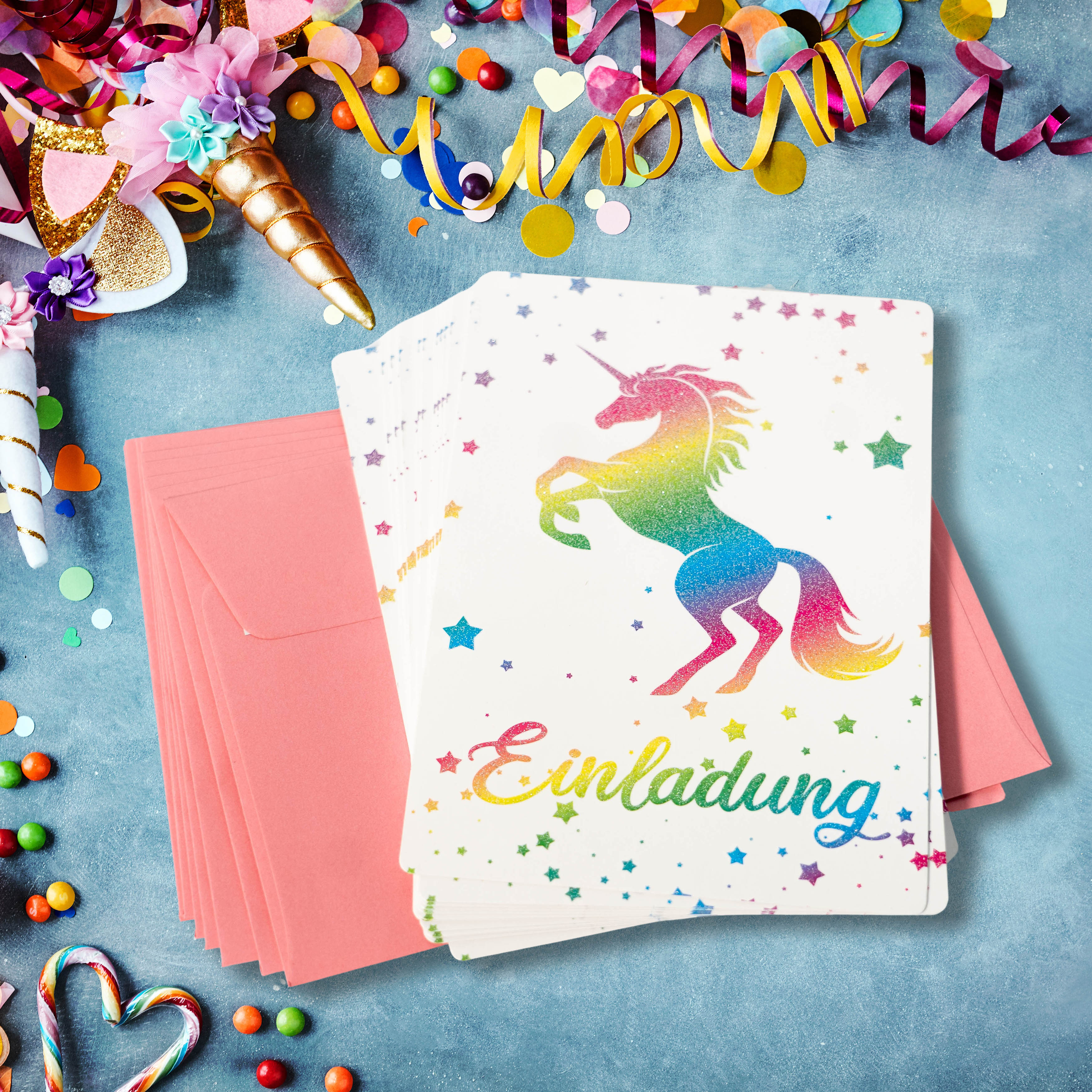 Glitzer Einhorn Einladungskarten für Kindergeburtstag, Party, Einschulung mit oder ohne umschlag für Mädchen oder Jungen Kinder zum Geburtstag oder Kinderparty 