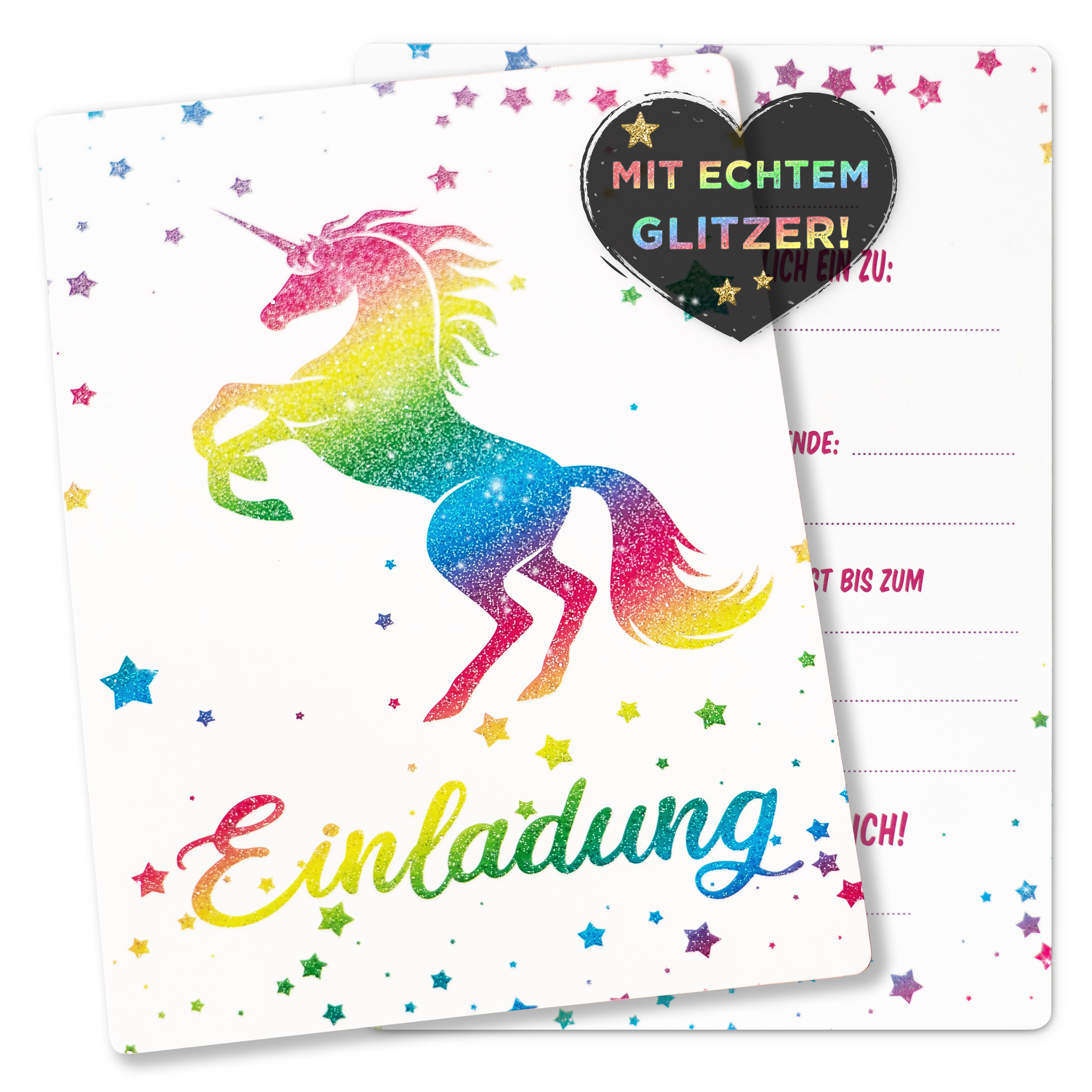 Glitzer Einhorn Einladungskarten für Kindergeburtstag, Party, Einschulung mit oder ohne umschlag für Mädchen oder Jungen Kinder zum Geburtstag oder Kinderparty 