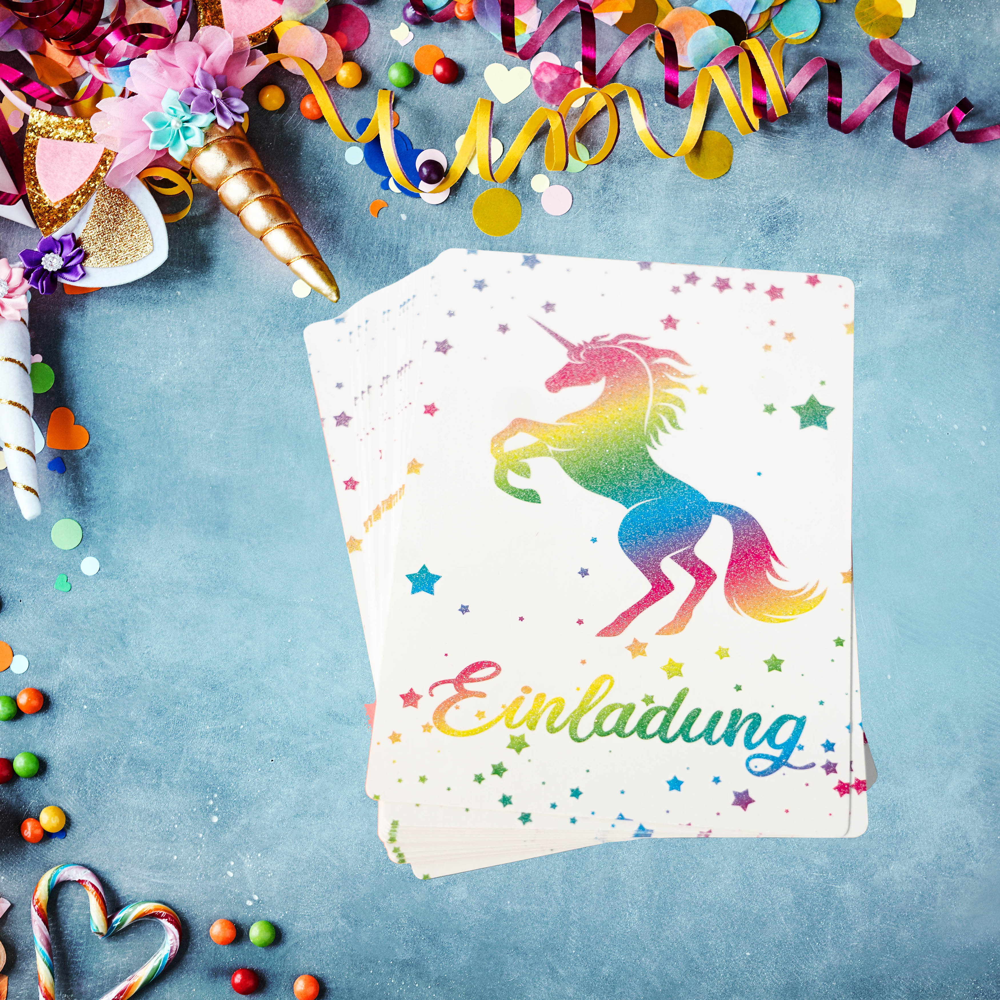 Glitzer Einhorn Einladungskarten für Kindergeburtstag, Party, Einschulung mit oder ohne umschlag für Mädchen oder Jungen Kinder zum Geburtstag oder Kinderparty 