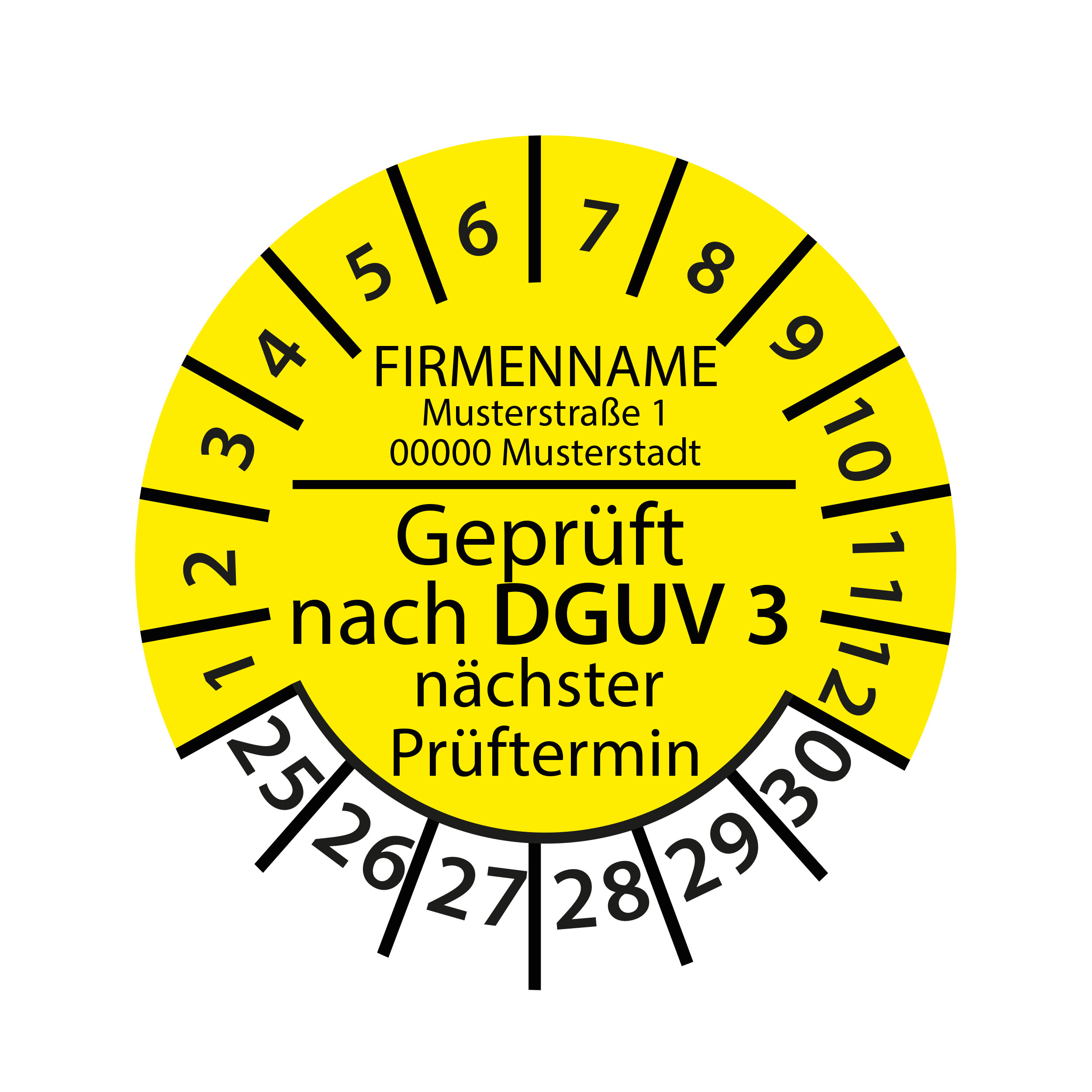 Prüfplakette mit Firmenname - geprüft nach DGUV Vorschrift 3 nächster Prüftermin 2025-2030 Ø 30mm Rund Gelb / Blau