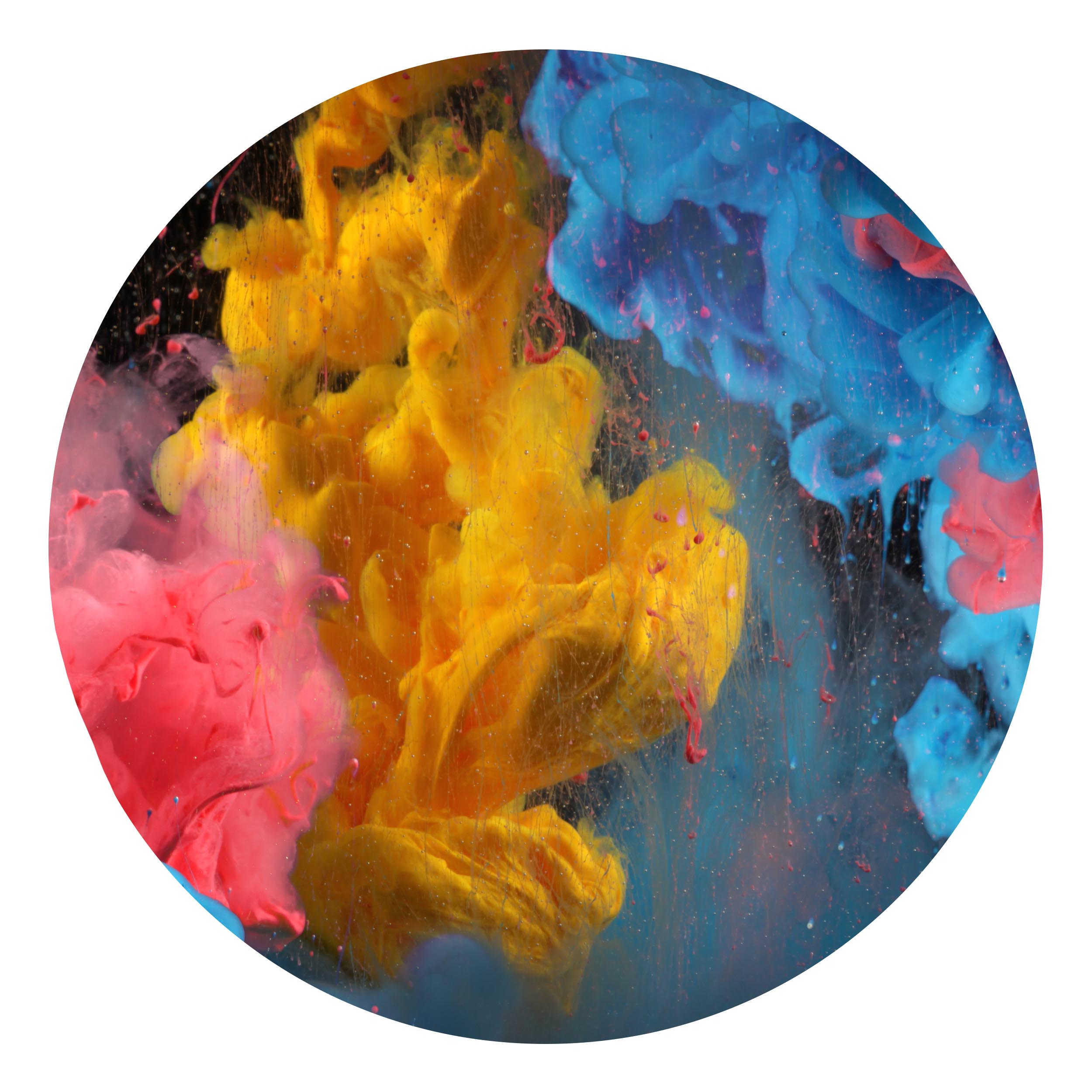 Wandbild Rund Titel: Abstrakt Farben blau gelb Wasser- Bild Wanddeko Alu Dibond oder Butlerfinish 