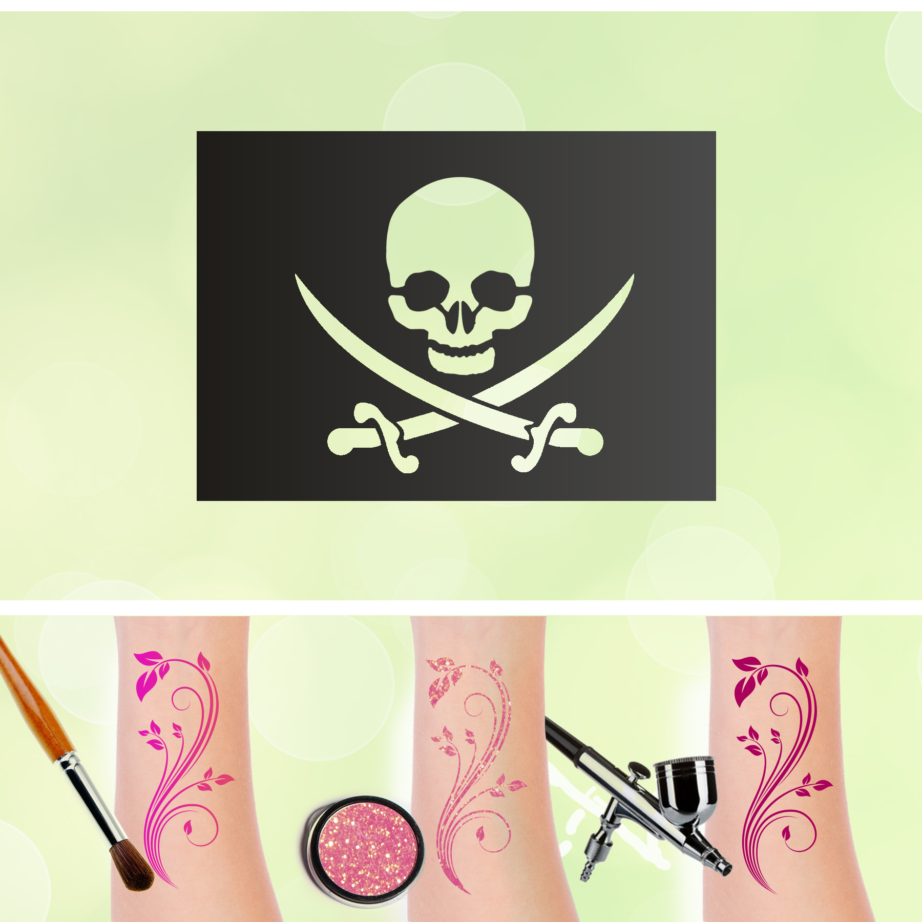 Tattoo Schablone Totenkopf Sebel Glitzertattoos Selbstklebend Kinder Schminken Airbrush Piraten