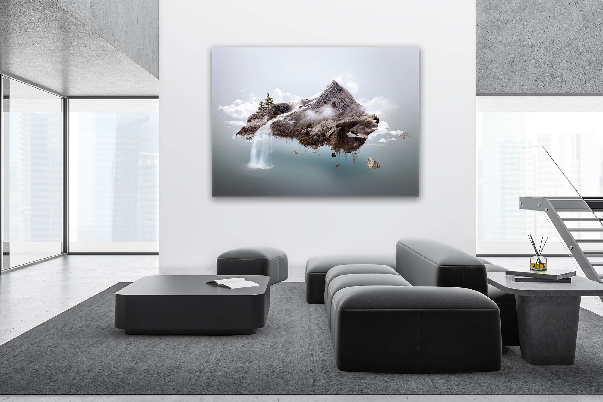 Wandbild Querformat Titel: Fliegende Berge Fantasy Landschaft  - Bild Wanddeko Alu Dibond Leinwand Acrylglas Holzbalken Butlerfinish Poster