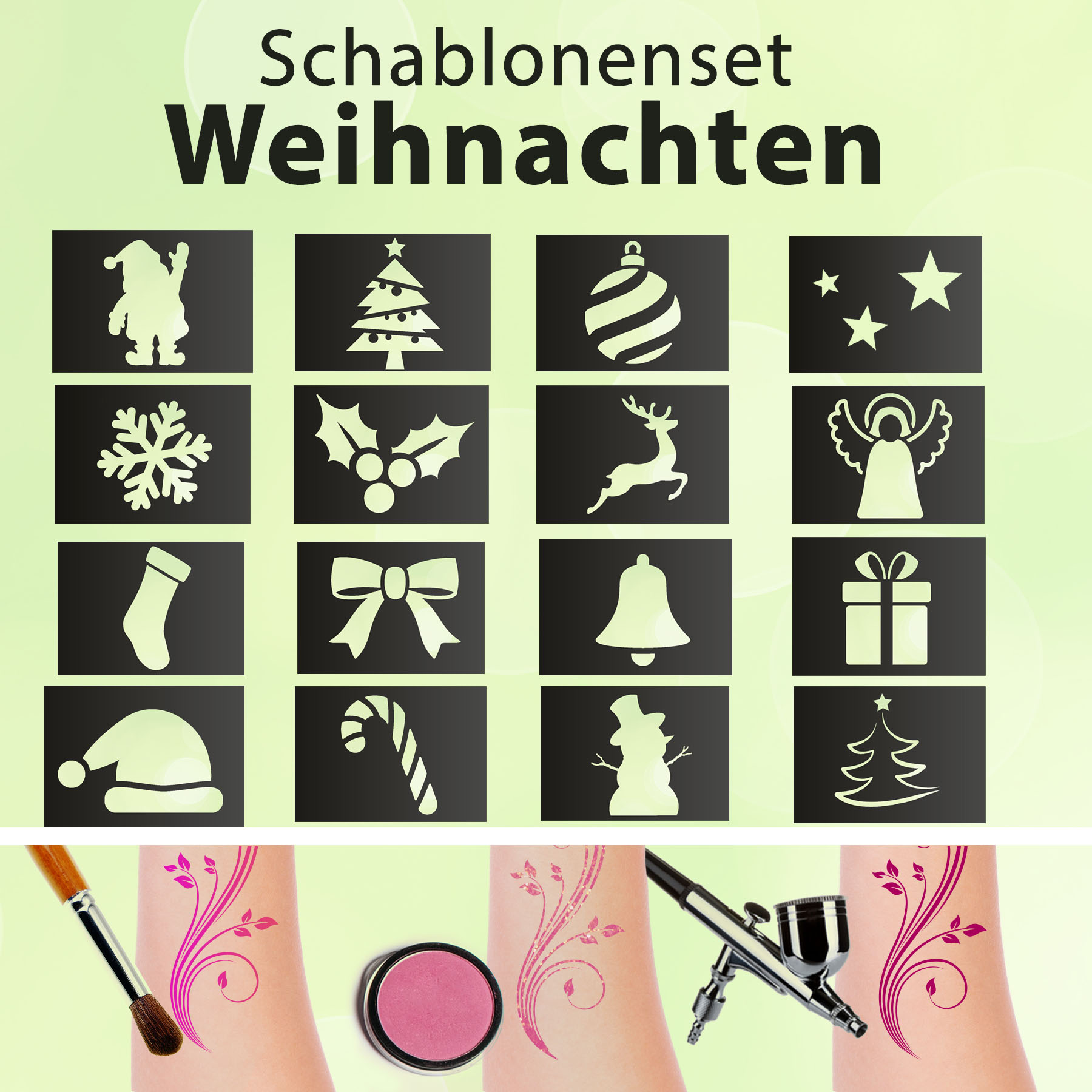Tattoo Schablonen SET Kinder Weihnachten (16 Schablonen) Selbstklebend schminken Airbrush Geschenkid