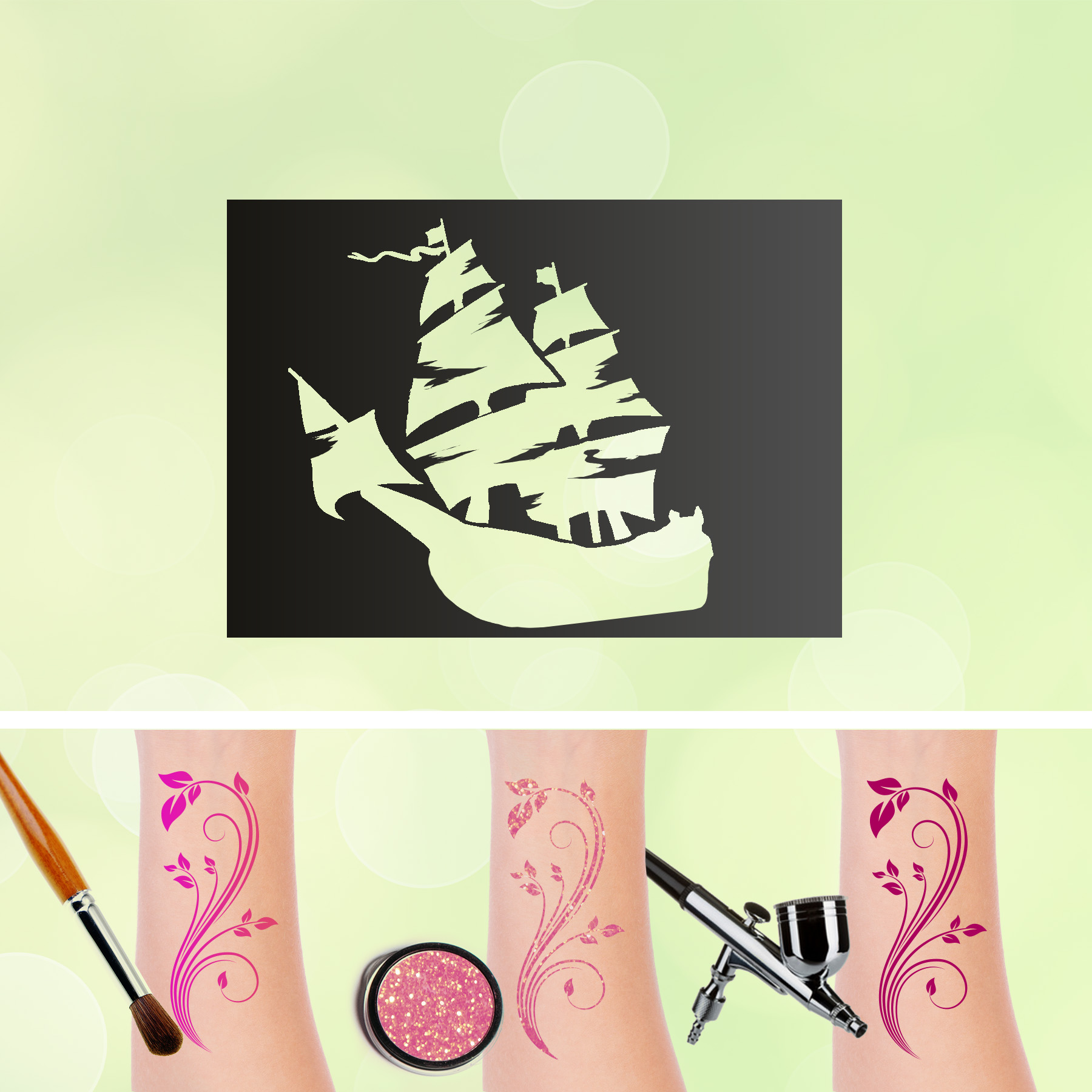 Tattoo Schablone Piratenschiff Glitzertattoos Selbstklebend Kinder Schminken Airbrush Piraten