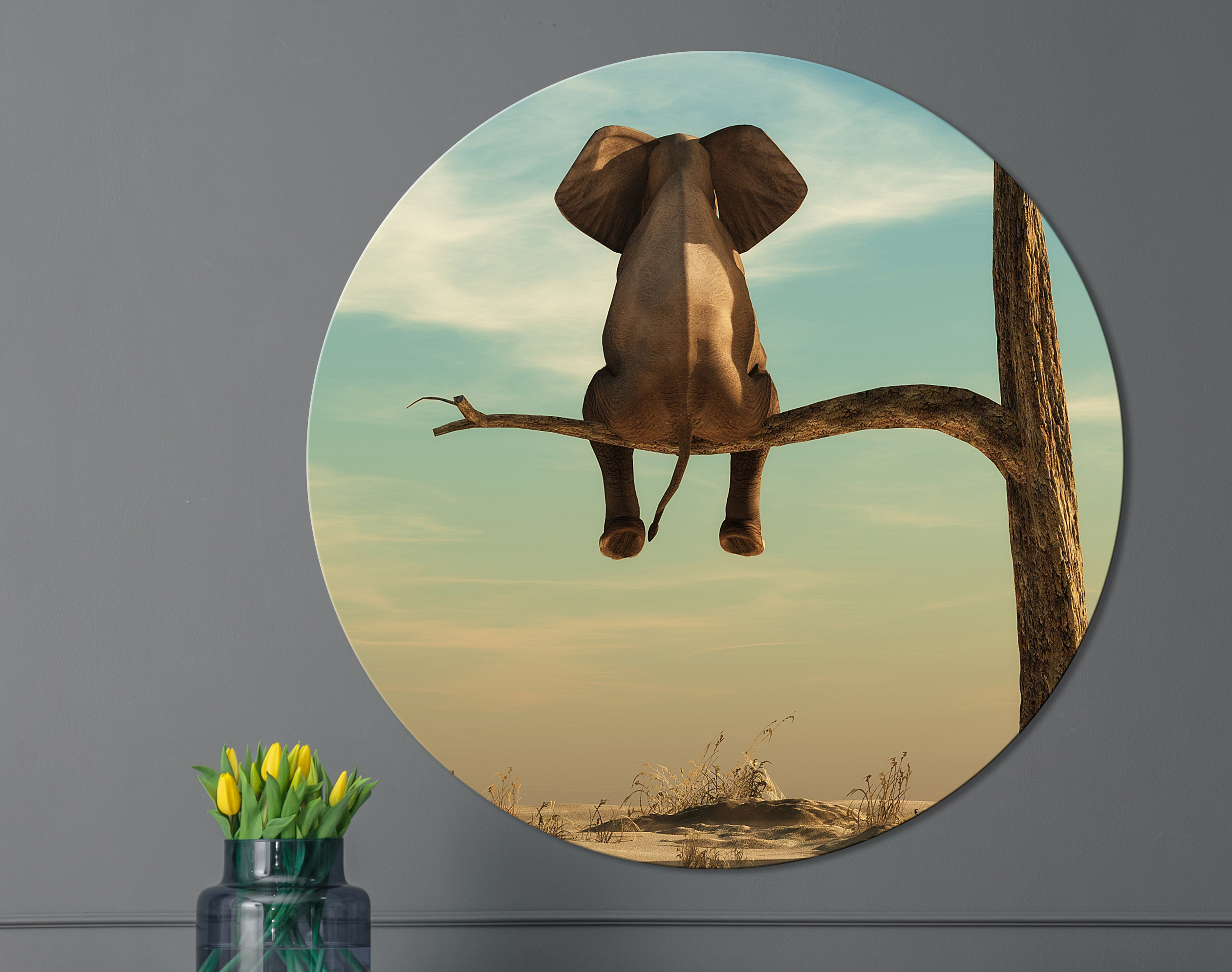 Wandbild Rund Titel: Elefant Baum Wüste Lustig- Bild Wanddeko Alu Dibond oder Butlerfinish