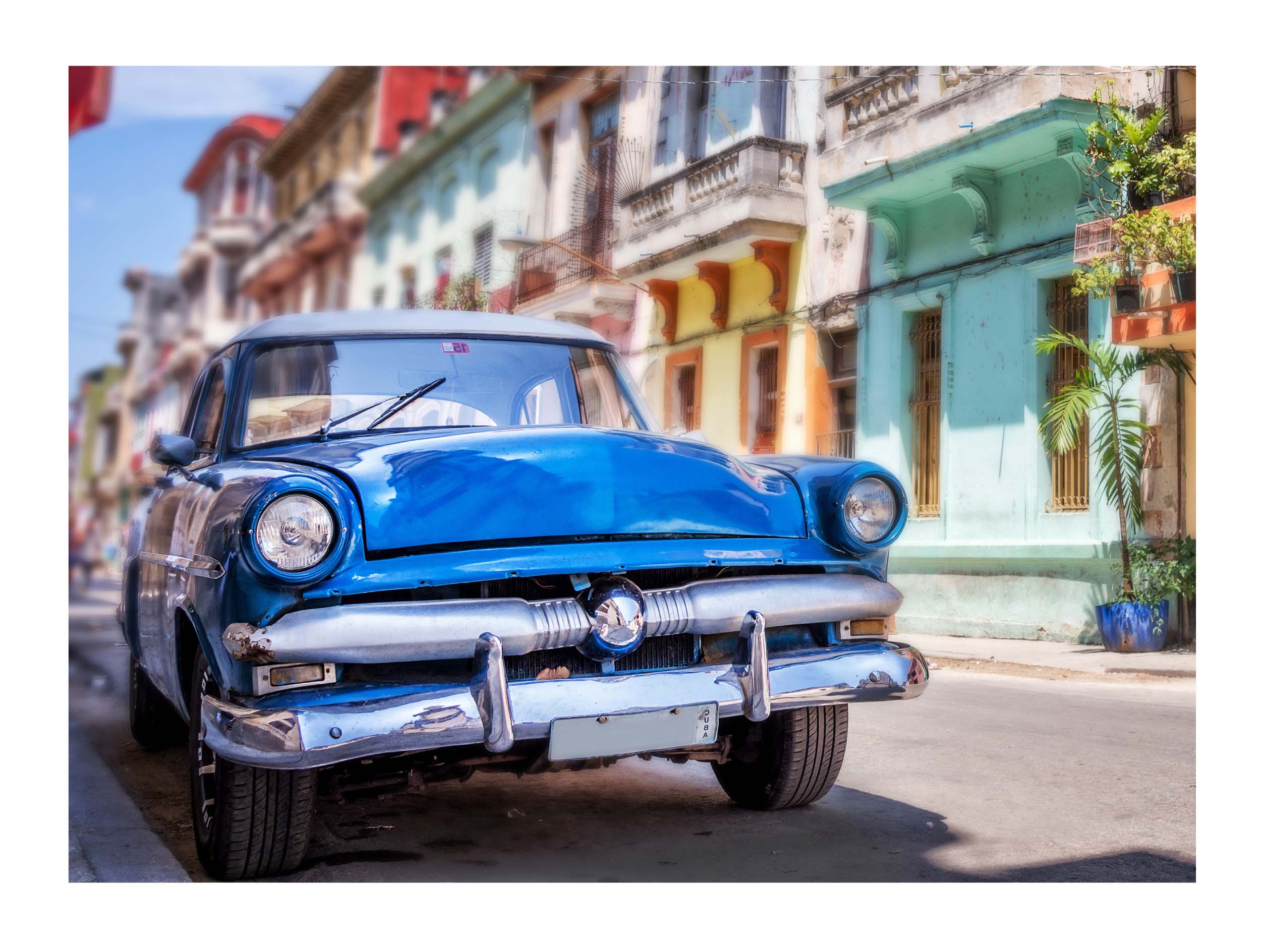 Wandbild Querformat Titel: Kuba Auto Oldtimer blau - Bild Wanddeko Alu Dibond Leinwand Acrylglas Holzbalken Butlerfinish Poster