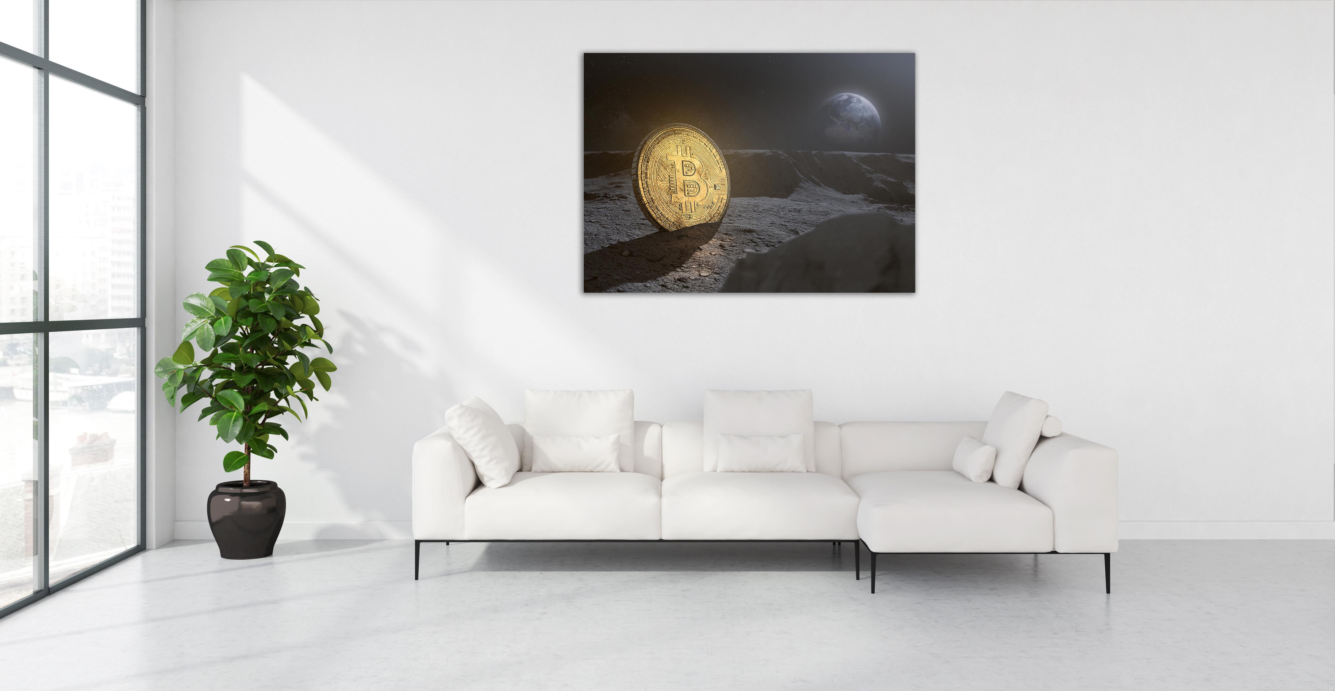 Wandbild Querformat Titel: Bitcoin to the moon - Bild Wanddeko Alu Dibond Leinwand Acrylglas Holzbalken Butlerfinish Poster