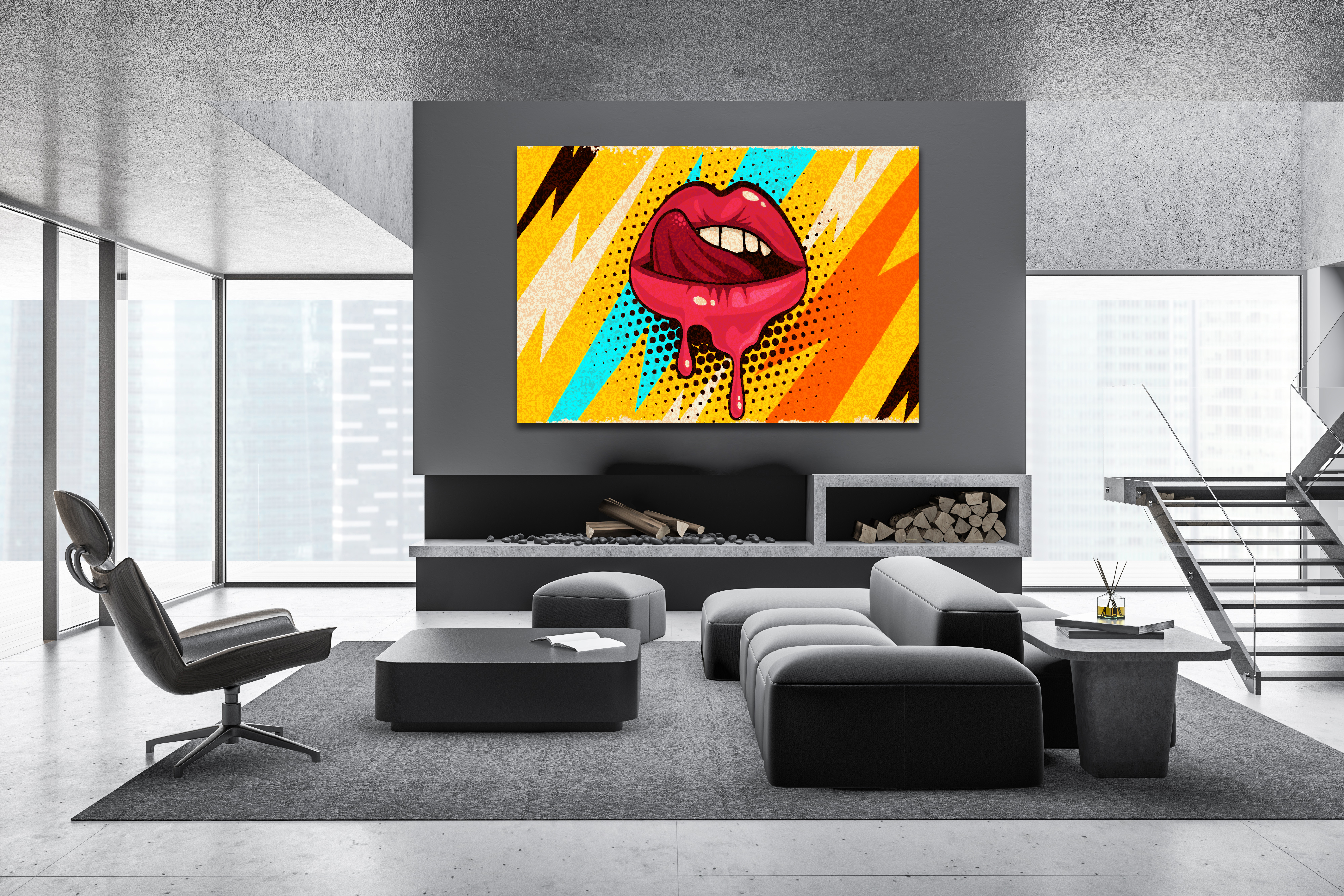 Wandbild Querformat Titel: Mund Lippen Rot Pop Art Bild Wanddeko Alu Dibond Leinwand Acrylglas Holzbalken Butlerfinish Poster