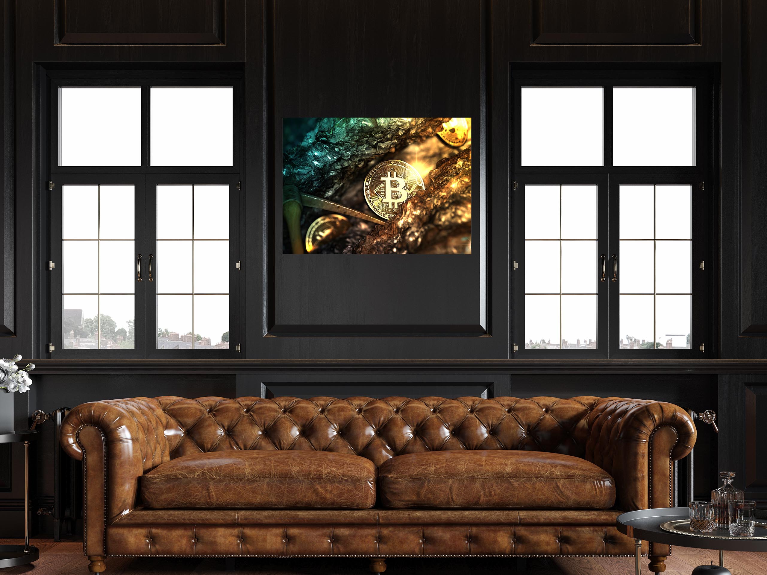 Wandbild Querformat Titel: Bitcoin mining btc krypto Wanddeko Alu Dibond Leinwand Acrylglas Holzbalken Butlerfinish Poster