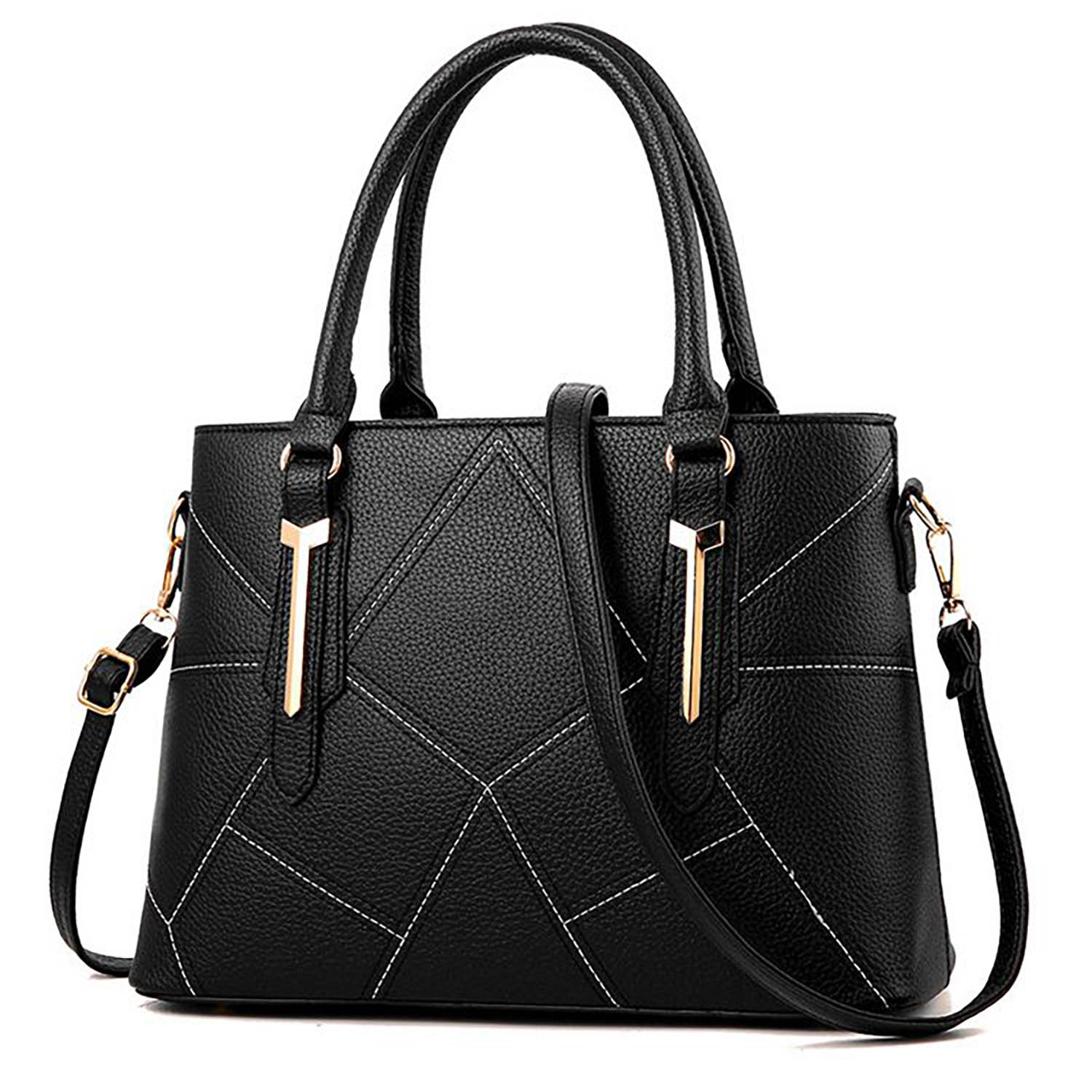 Handtasche Shopper Tragetasche trendige Umhängetasche Damen stylisches Gitter Muster Gold Applikationen Crossbody