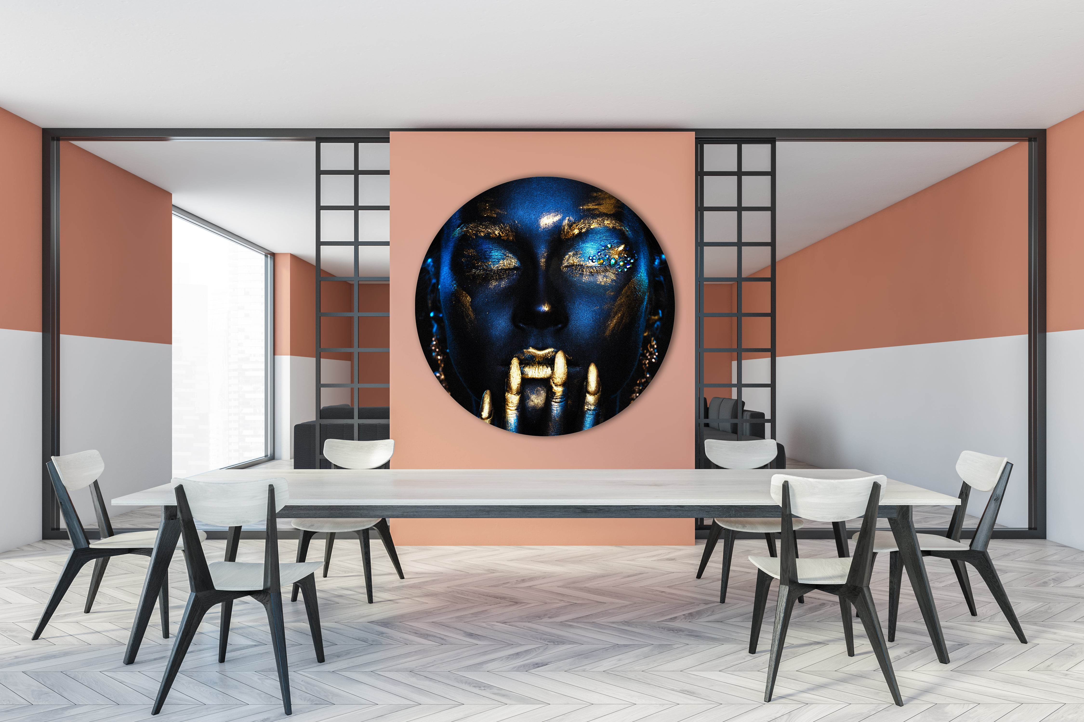 Wandbild Rund Titel: Beauty Girl fantasy blau Porträt Bild Wanddeko Alu Dibond oder Butlerfinish