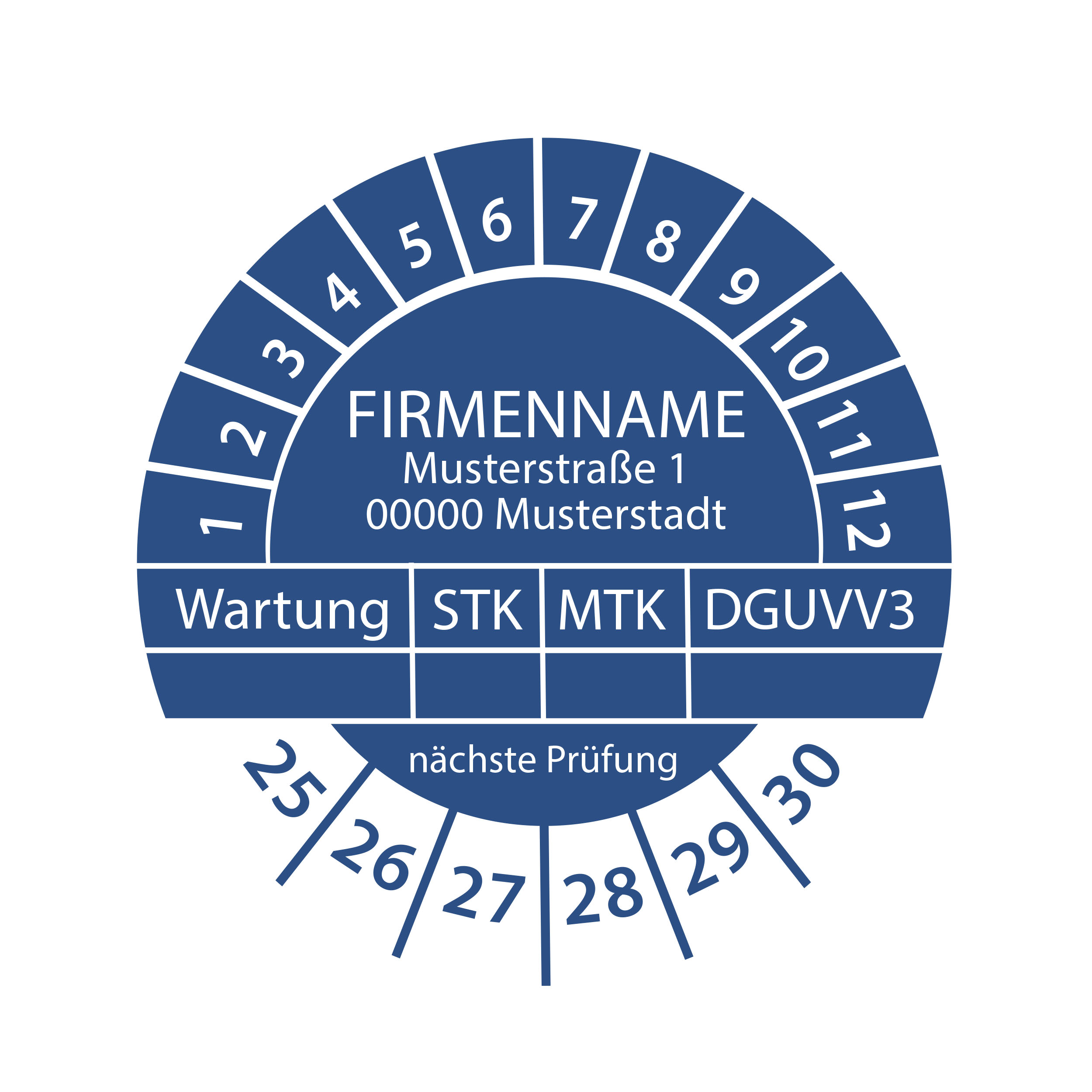 Prüfplakette mit Firmenname - Wartung STK MTK DGUVV3 nächste Prüfung 2025-2030 Ø 30mm Rund Gelb/Blau