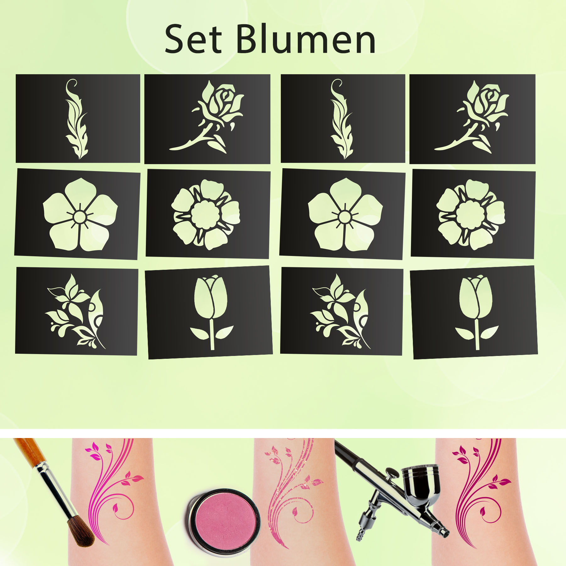 Tattoo Schablonen SET Blumen (12 Stück) Selbstklebend Kinderschminken Airbrush
