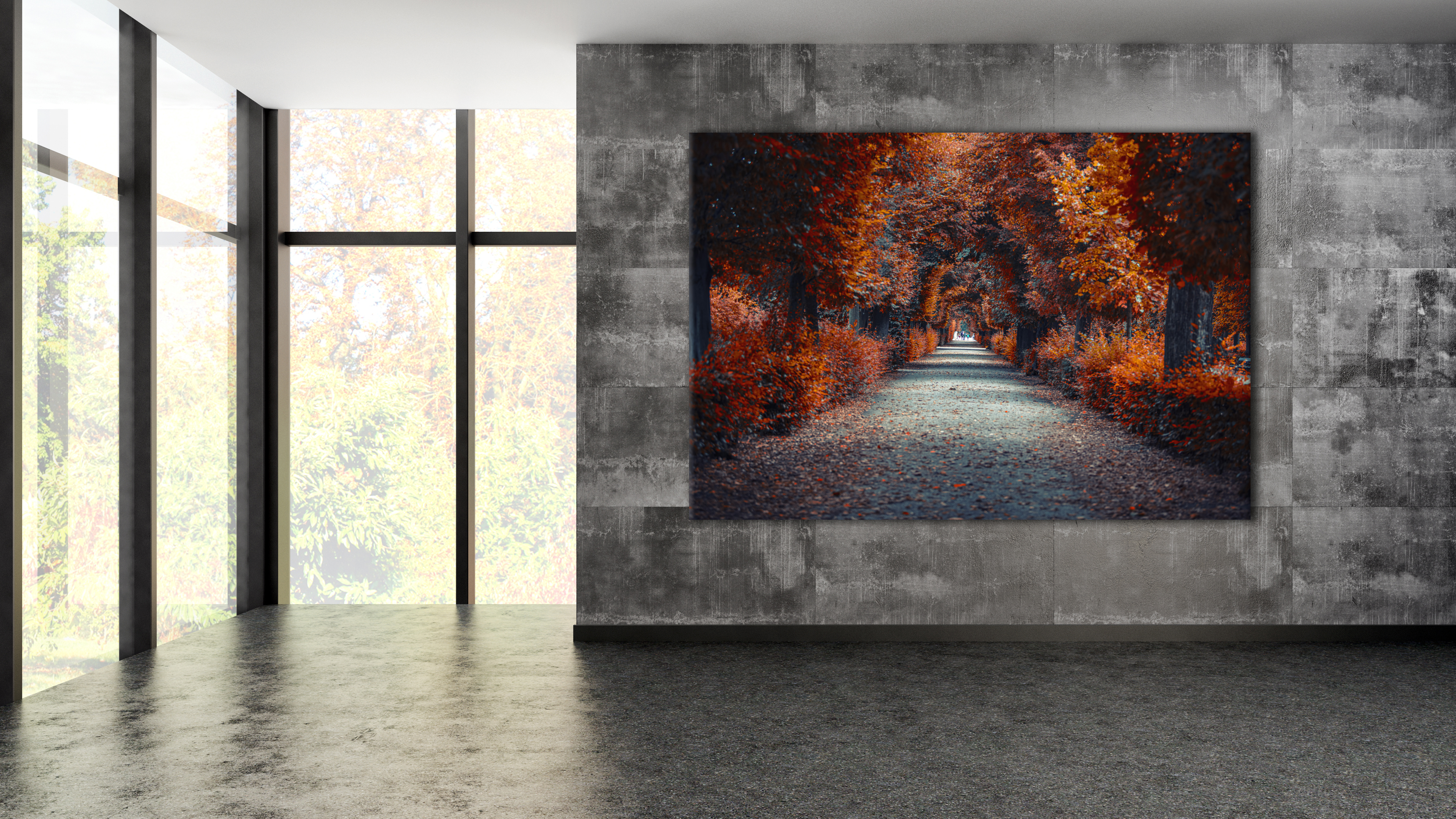 Wandbild Querformat Titel: Landschaft goldener Herbst Allee - Bild Wanddeko Alu Dibond Leinwand Acrylglas Holzbalken Butlerfinish Poster 