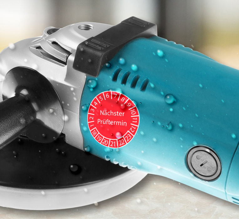 Prüfplakette Geprüft nach DGUV 3 mit Firmenname 2023 - 2028 auf Rolle, Ø 2-3cm Rund Blau Individuell