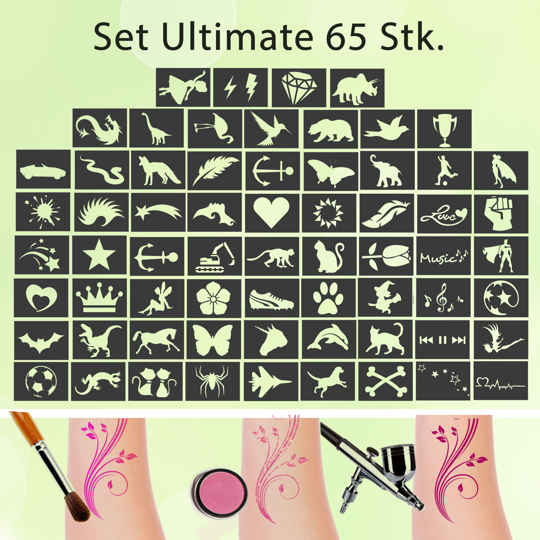 Tattoo Schablonen SET Ultimate (65 Stück) Selbstklebend Kinderschminken Airbrush