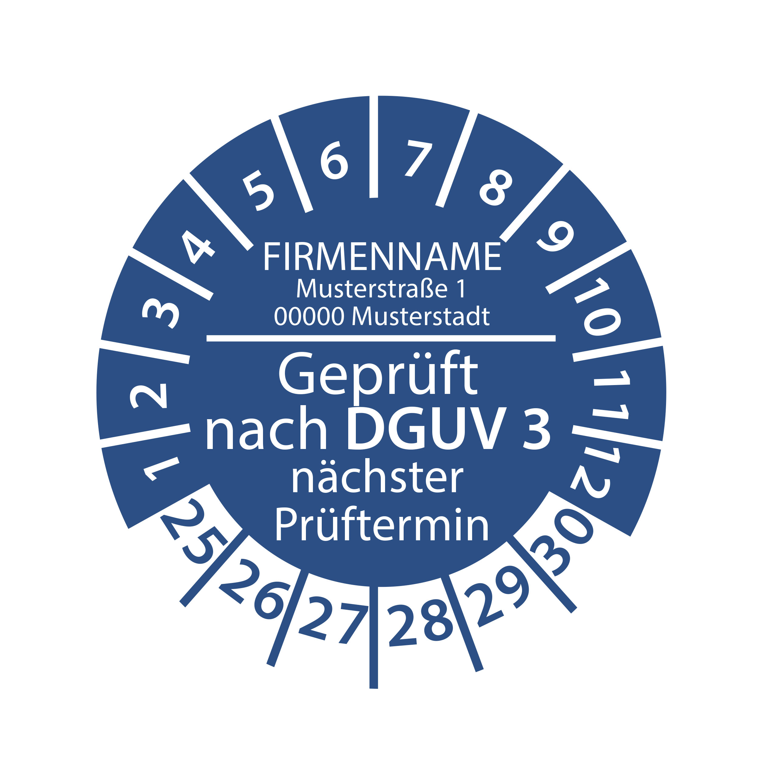 Prüfplakette mit Firmenname - geprüft nach DGUV Vorschrift 3 nächster Prüftermin 2025-2030 Ø 30mm Rund Gelb / Blau